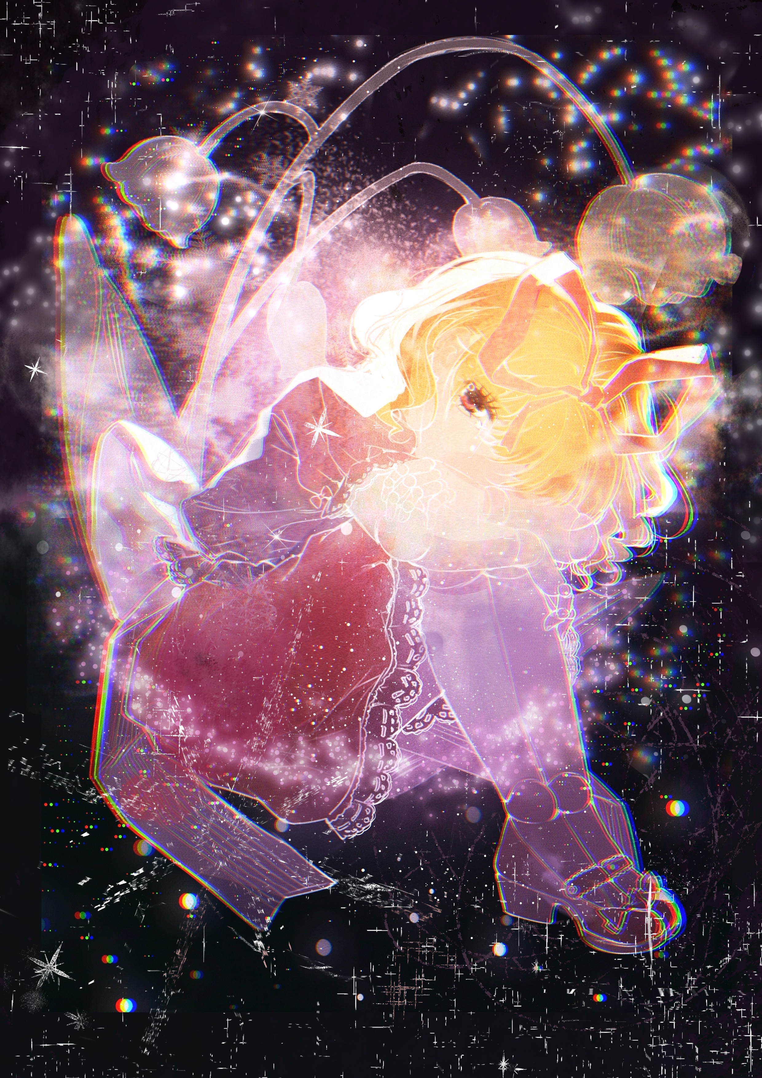 iwakoo, medicine melancholy, touhou, absurdres, commentary request, highres, 1girl, black shirt, blonde hair, dark background, doll, doll joints, elbows on knees, flower, frills, hugging own legs, joints, lily of the valley, looking at viewer, medium hair, red eyes, red skirt, ribbon, shirt, shoes, short sleeves, sitting, skirt, solo