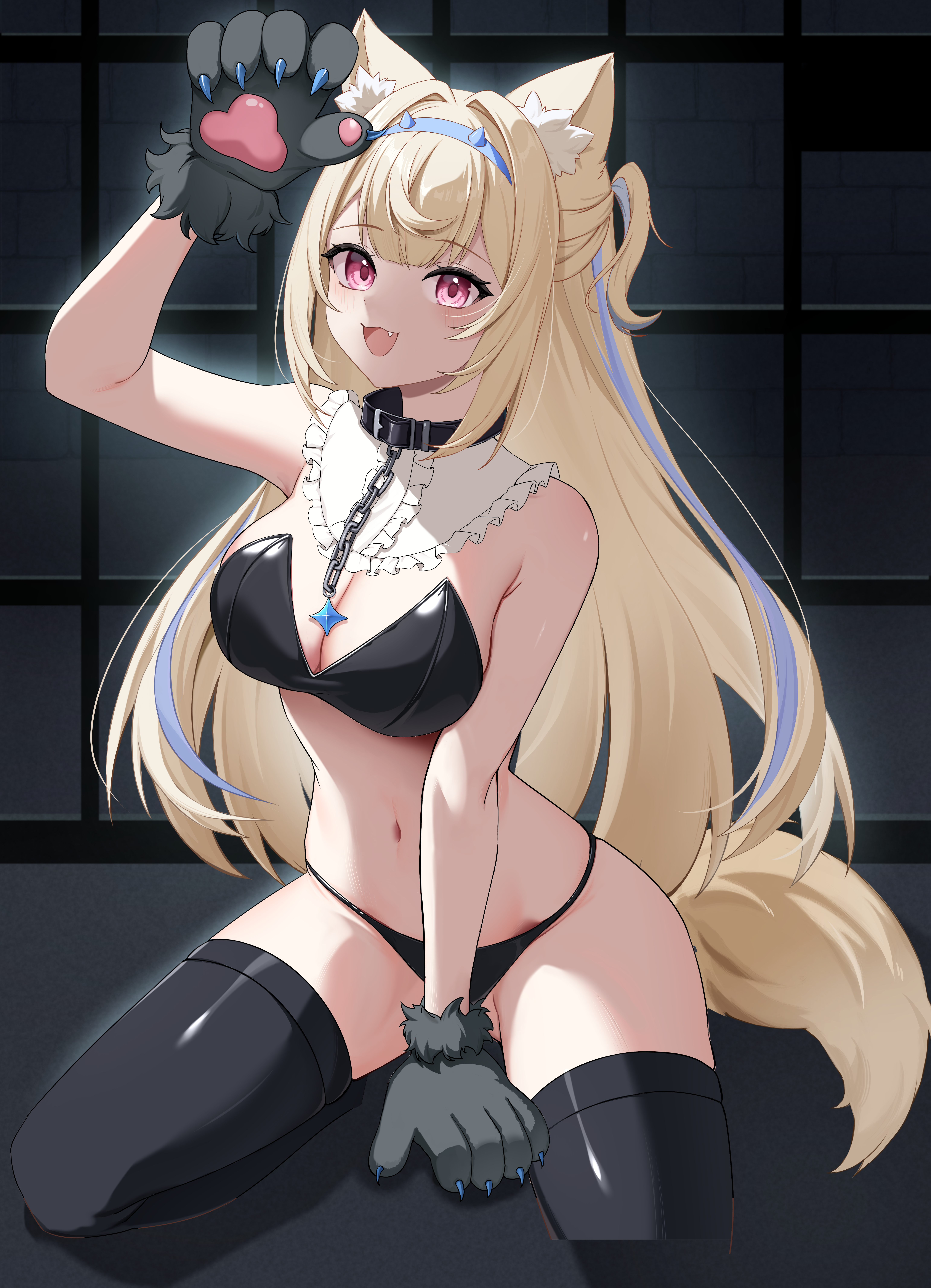 minase03mio, fuwawa abyssgard, hololive, hololive english, absurdres, highres, 1girl, animal ears, animal hands, belt collar, black bra, black collar, black panties, black thighhighs, blonde hair, blue hair, bra, breasts, cleavage, collar, dog ears, dog girl, dog paws, dog tail, large breasts, long hair, looking at viewer, multicolored hair, open mouth, panties, pink eyes, smile, solo, streaked hair, tail, thighhighs, two-tone hair, two side up, underwear, very long hair, virtual youtuber
