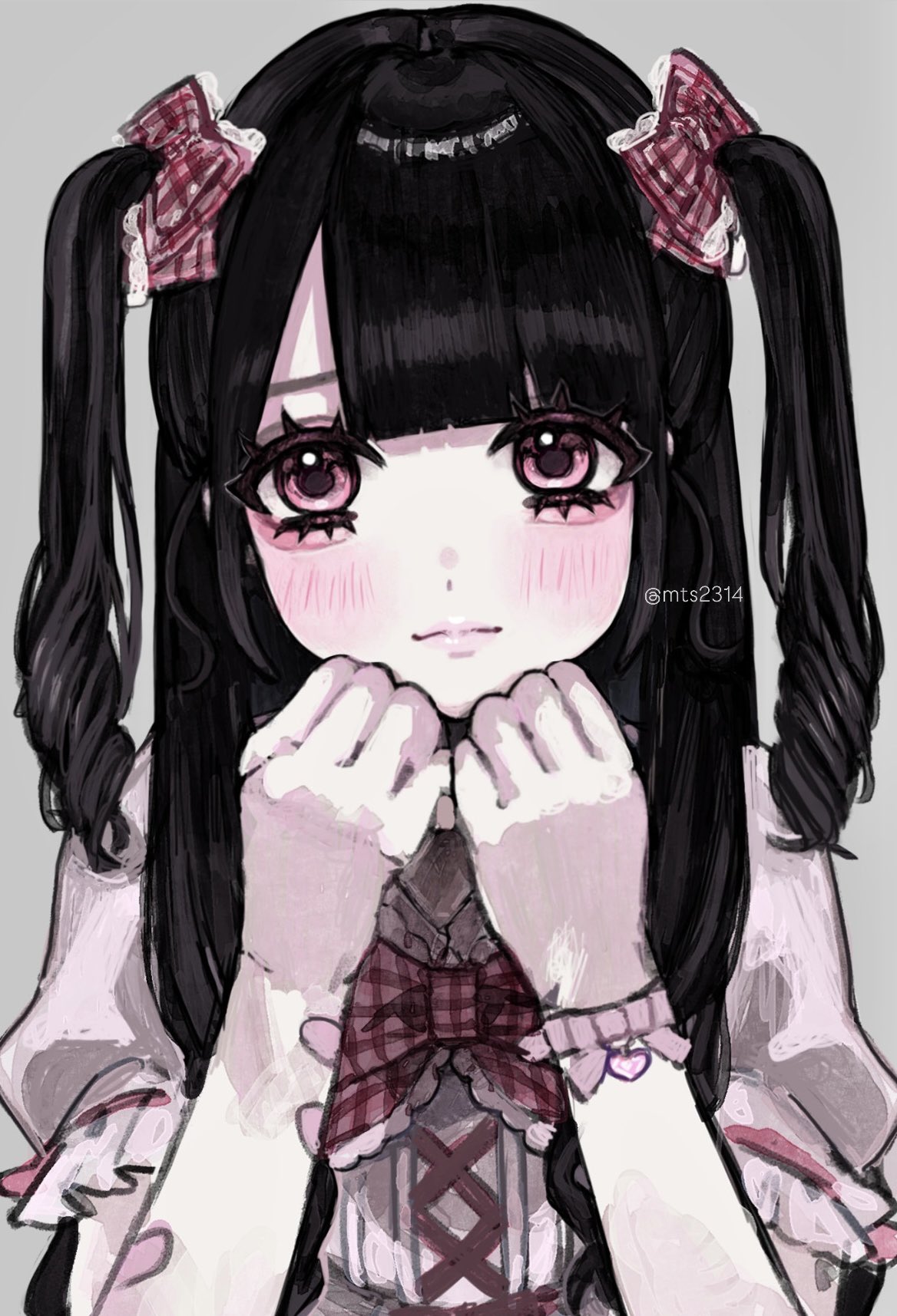 min (mts2314), original, highres, 1girl, aegyo sal, black hair, blush, bow, bracelet, clenched hands, closed mouth, grey background, hair between eyes, hair bow, hand rest, hands on own chin, jewelry, jirai kei, light smile, long hair, looking at viewer, parted lips, pink eyes, puffy short sleeves, puffy sleeves, red bow, short sleeves, two side up, upper body