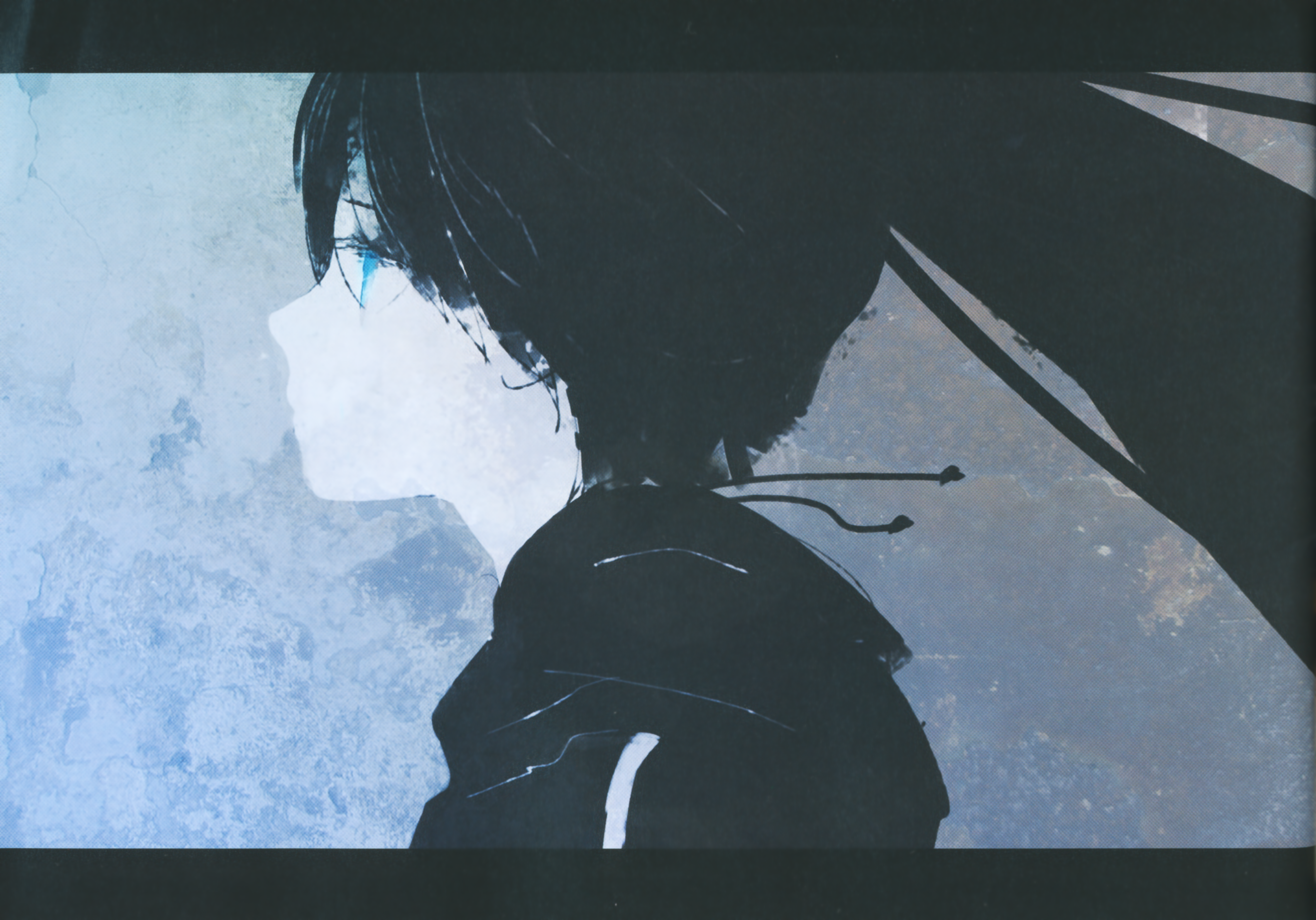 huke, black rock shooter (character), black rock shooter, absurdres, highres, huge filesize, 10s, black hair, blue eyes, jacket, solo, twintails