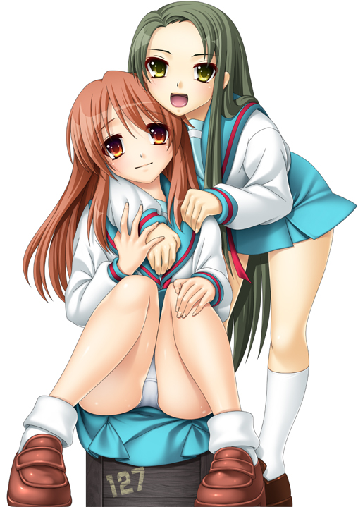 440 (straight440), asahina mikuru, tsuruya, suzumiya haruhi no yuuutsu, bad id, bad pixiv id, 00s, 2girls, brown eyes, green hair, long hair, multiple girls, panties, pantyshot, school uniform, serafuku, sitting, underwear, upskirt, very long hair, yellow eyes