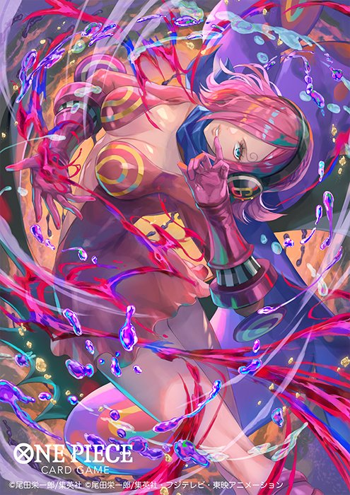 bisaiiiii, vinsmoke reiju, one piece, one piece card game, commentary request, official art, 1girl, blue eyes, blue neckerchief, cape, copyright name, curly eyebrows, dress, gloves, hair over one eye, headphones, medium hair, neckerchief, parted lips, pink dress, pink gloves, pink hair, plunging neckline, short dress, solo, water