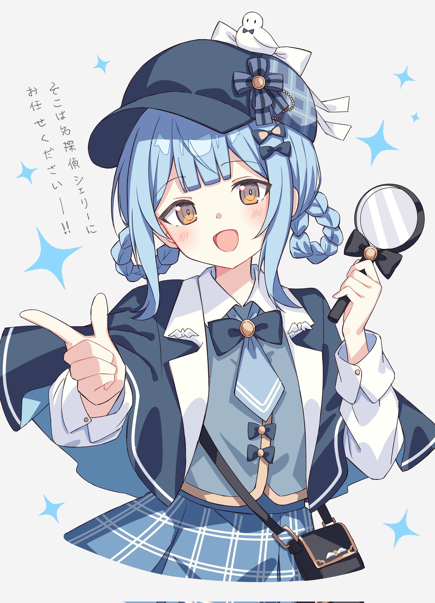 setteiset, tachibana sherry, mahou shoujo no majo saiban, commentary request, highres, 1girl, blue ribbon, hair ornament, hair ribbon, hat, magnifying glass, open mouth, ribbon, smile, solo