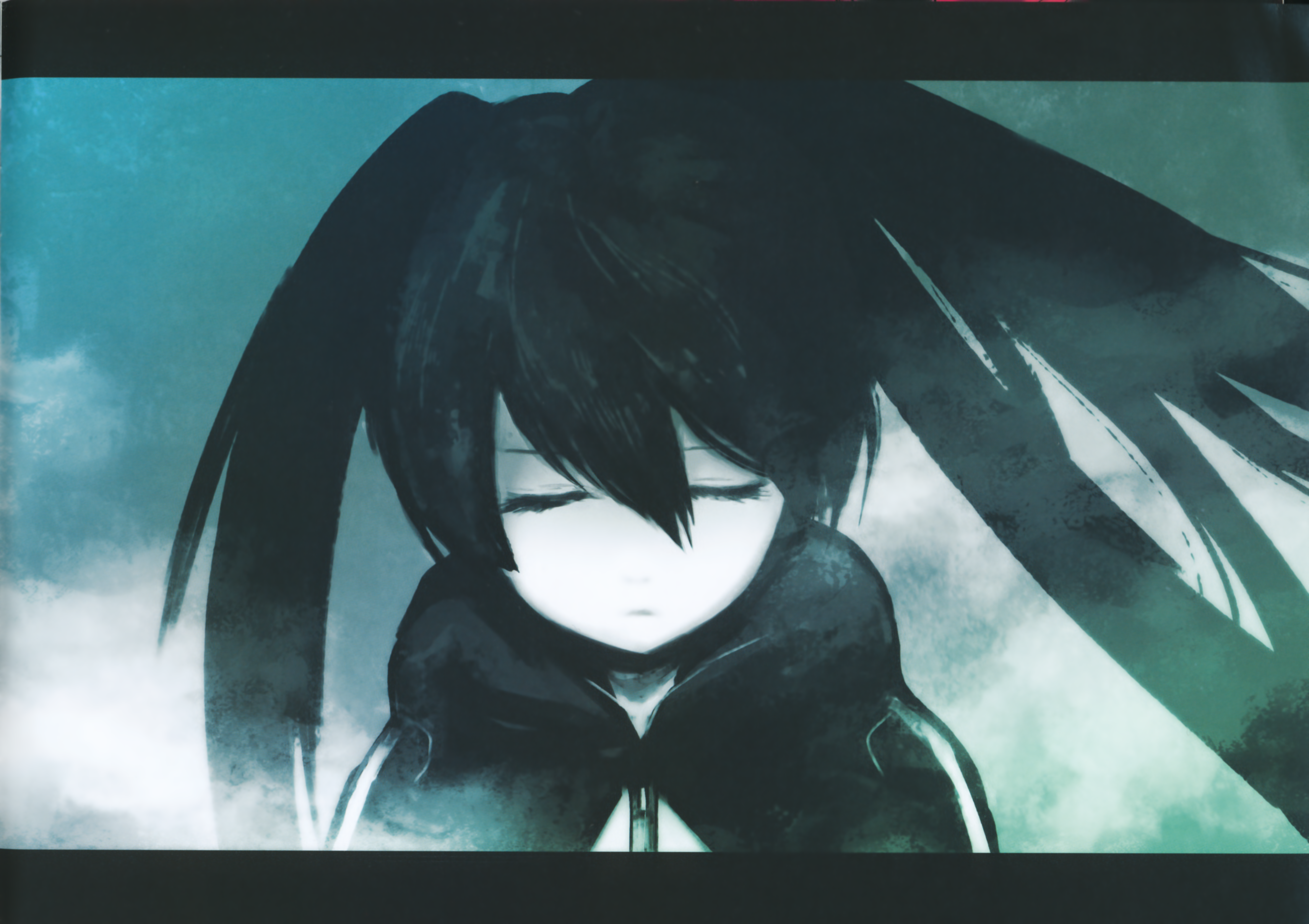 huke, black rock shooter (character), black rock shooter, absurdres, highres, huge filesize, 10s, black hair, chain, jacket, solo, twintails