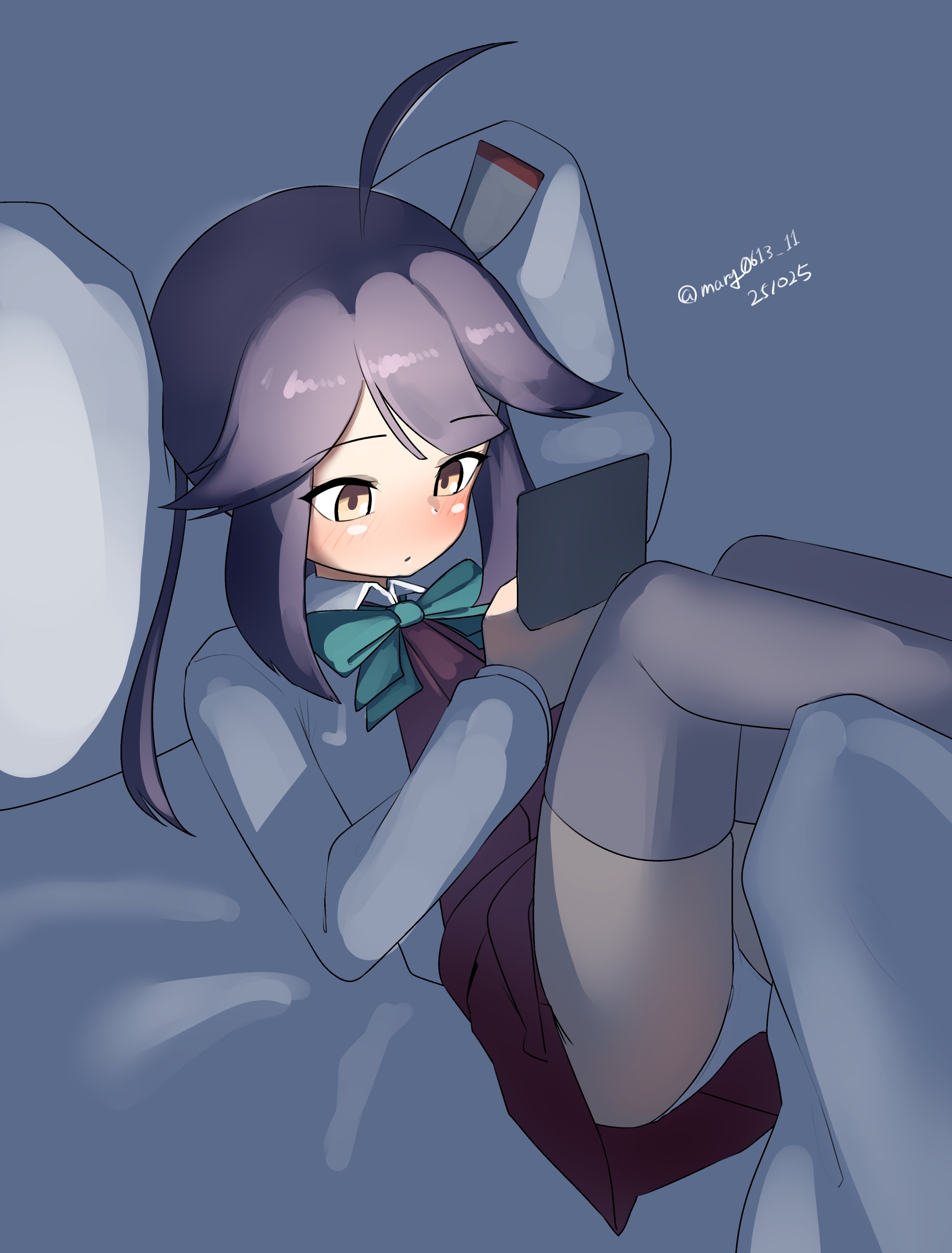 maru (marg0613), hayanami (kancolle), kantai collection, absurdres, highres, 1girl, ahoge, aqua bow, aqua bowtie, bow, bowtie, cellphone, collared shirt, dark, dated, dress, dress shirt, feet out of frame, grey hair, grey thighhighs, halter dress, halterneck, looking at phone, lying, one-hour drawing challenge, panties, phone, pillow, purple dress, shirt, short hair, side ponytail, sidelocks, smartphone, solo, thighhighs, twitter username, underwear, white panties, white shirt