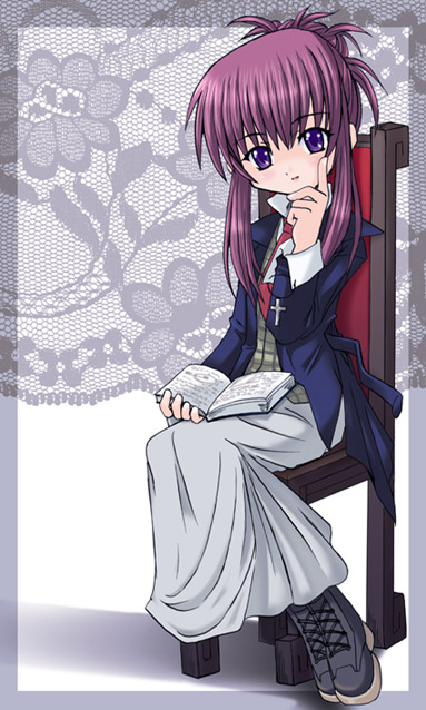 chikage (sister princess), sister princess, 00s, 1girl, book, chair, cross, female focus, hand up, long skirt, looking at viewer, open book, sitting, skirt, solo, white skirt