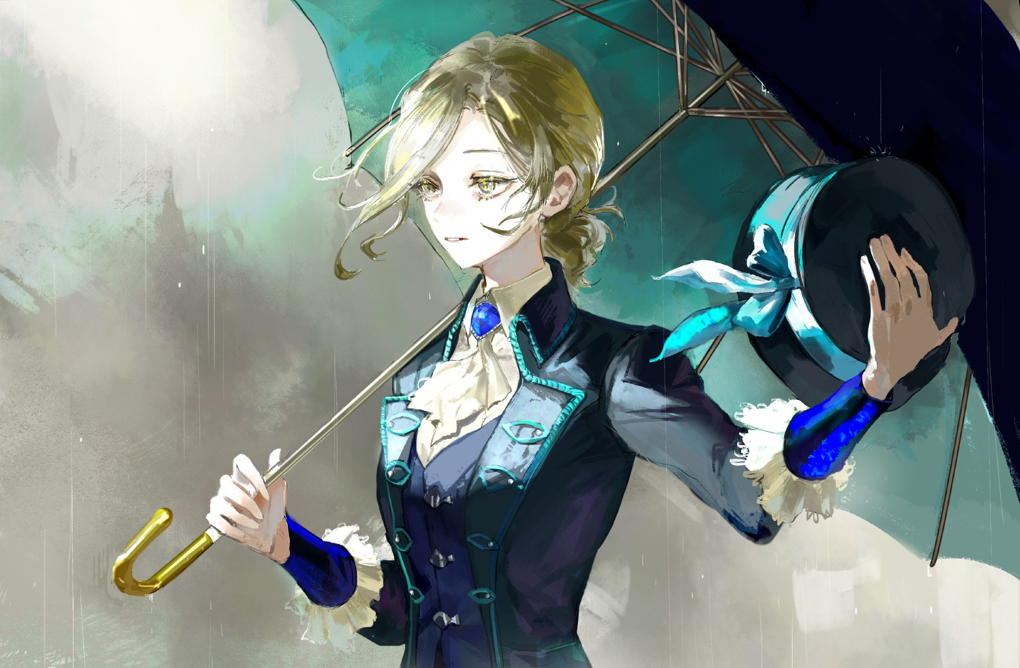 nicholas moh, vertin (reverse:1999), reverse:1999, highres, 1girl, ascot, black coat, black hat, black umbrella, black vest, blue bow, boater hat, bow, coat, collared shirt, grey background, grey eyes, grey hair, grin, hair bun, hands up, hat, hat bow, holding, holding umbrella, holding unworn clothes, holding unworn hat, shirt, single side bun, smile, solo, umbrella, umbrella over shoulder, unworn hat, unworn headwear, upper body, vest, waistcoat, white ascot, white shirt