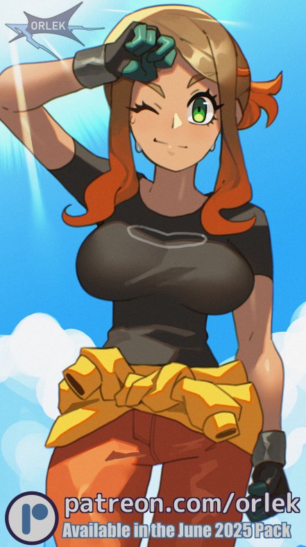 orlek, orla (pokemon), nintendo, pokemon, pokemon (anime), pokemon horizons, commentary, 1girl, ;), alternate breast size (larger), arm up, breasts, brown hair, clenched hands, closed mouth, clothes around waist, cloud, day, eyelashes, gloves, green eyes, happy, hot, jacket, jacket around waist, large breasts, light rays, long hair, one eye closed, orange pants, outdoors, pants, patreon logo, sidelocks, sky, smile, solo, sweat, watermark, web address, yellow jacket