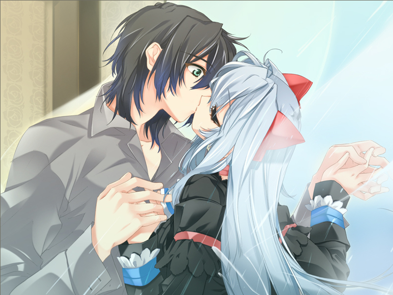 toujou sakana, ashe (under the moon), seizh, under the moon, game cg, 1boy, 1girl, black hair, hetero, kiss, long hair, ribbon, tears, white hair