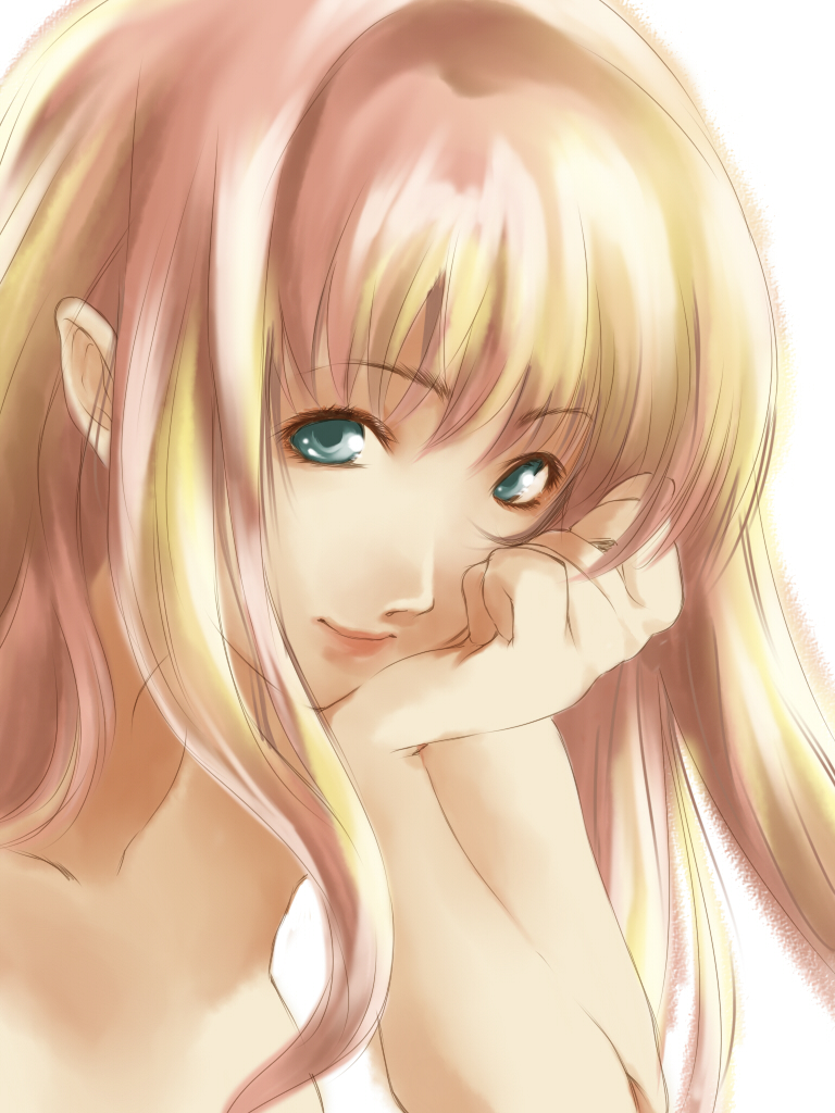 sheryl nome, macross, macross frontier, 00s, 1girl, blonde hair, breasts, closed mouth, female focus, green eyes, hand on own face, lips, long hair, looking at viewer, smile, solo, topless frame, upper body, white background
