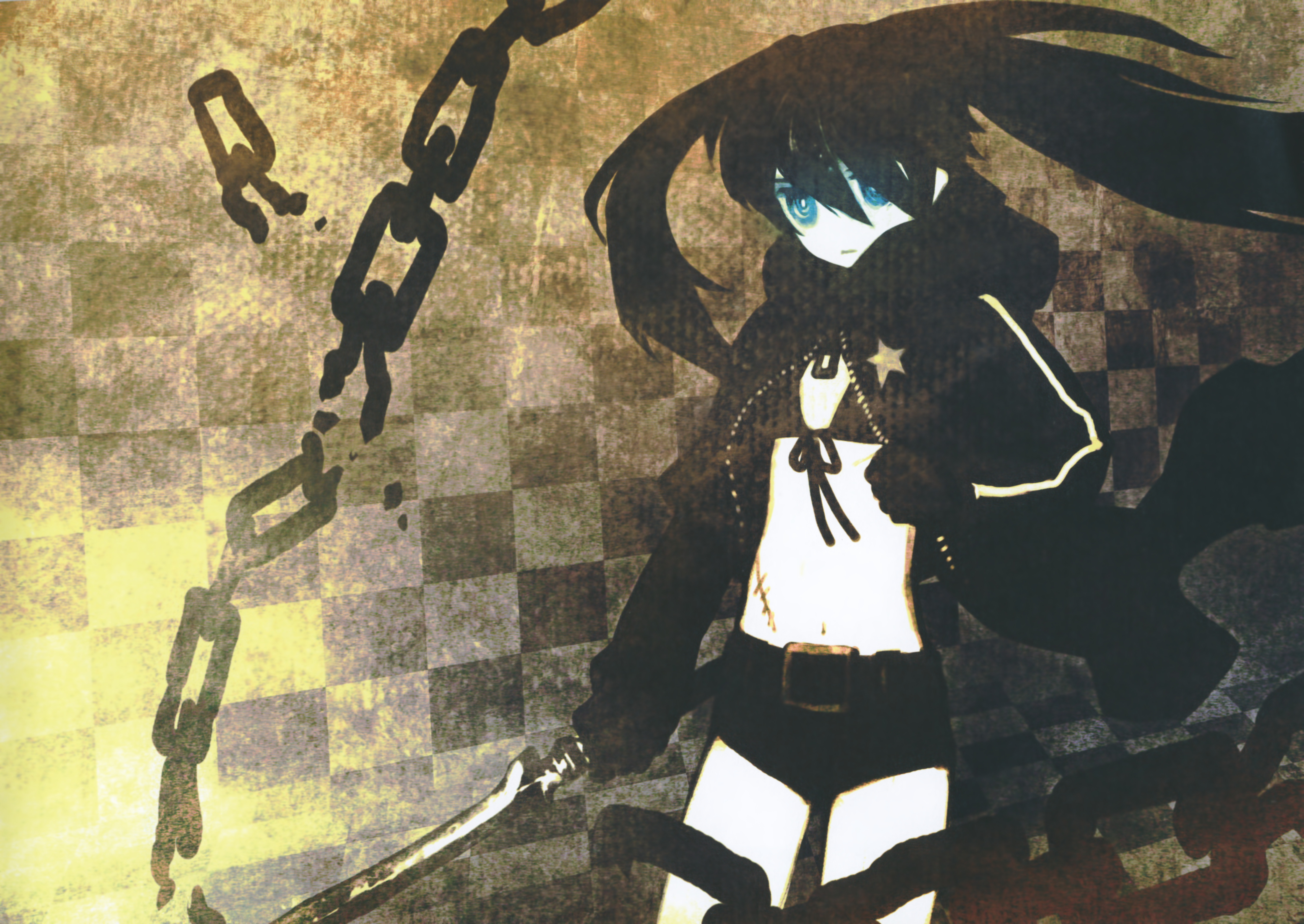 huke, black rock shooter (character), black rock shooter, absurdres, highres, huge filesize, 10s, black hair, blue eyes, chain, jacket, scar, solo, sword, twintails, weapon
