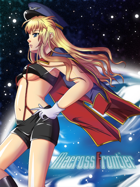 miyu (lovesickness), sheryl nome, macross, macross frontier, 00s, 1girl, bandeau, blonde hair, blue eyes, breasts, female focus, gloves, hands on own hips, hat, midriff, peaked cap, shorts, solo, space, strapless, suspenders, tube top, underboob