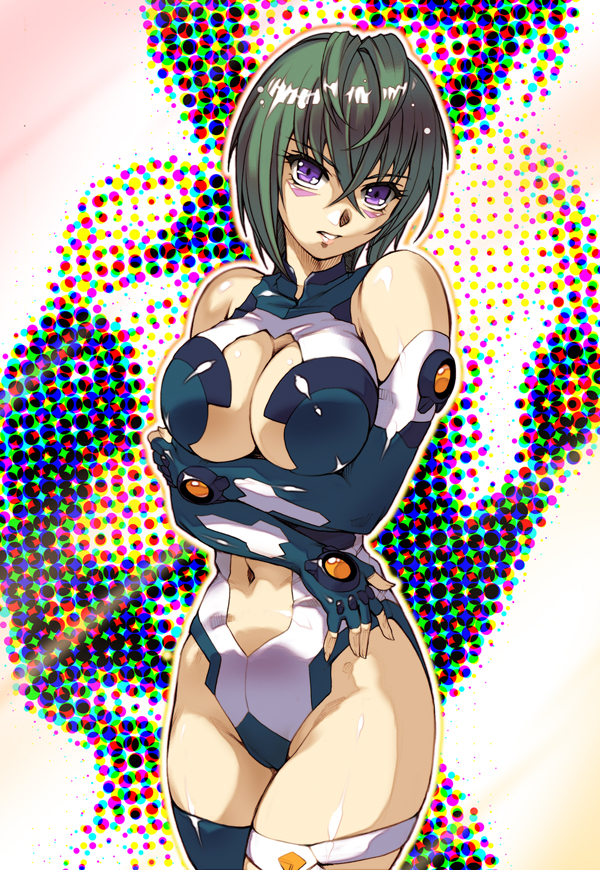 hisahiko, kannagi itsuki, sora wo kakeru shoujo, breast hold, pilot suit, 00s, 1girl, antenna hair, bare shoulders, blue gloves, blue thighhighs, bodysuit, breasts, center opening, cleavage, cowboy shot, crossed arms, curvy, facial mark, female focus, fingerless gloves, gloves, green hair, grin, groin, hair between eyes, halftone, halftone background, halterneck, hand on own hip, head tilt, highleg, highleg leotard, hip focus, holding own arm, hug, large breasts, leotard, looking at viewer, navel, outline, purple eyes, short hair, smile, solo, thigh strap, thighhighs, thighs, turtleneck, wide hips, zoom layer