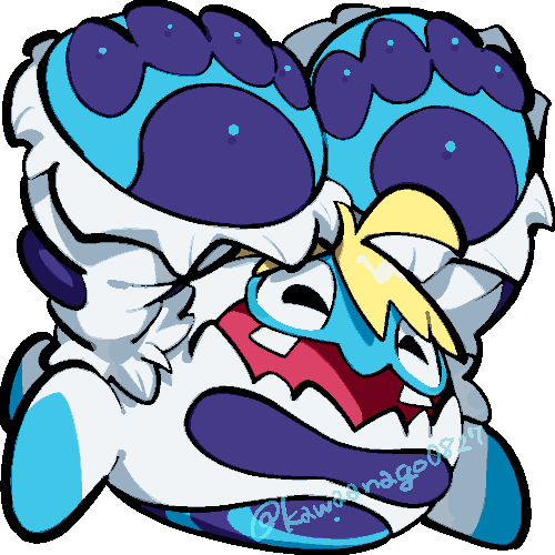 kawaanago, crabominable, nintendo, pokemon, commentary request, lowres, arms up, chibi, chibi only, closed eyes, full body, gen 7 pokemon, open mouth, pokemon (creature), pokemon focus, solo, teeth, transparent background, twitter username