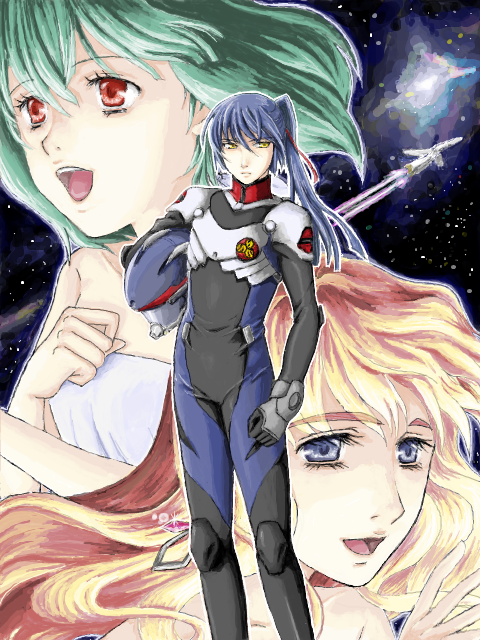 ranka lee, saotome alto, sheryl nome, vf-25, macross, macross frontier, pilot suit, 00s, 1boy, 2girls, helmet, mecha, multiple girls, robot, spacesuit