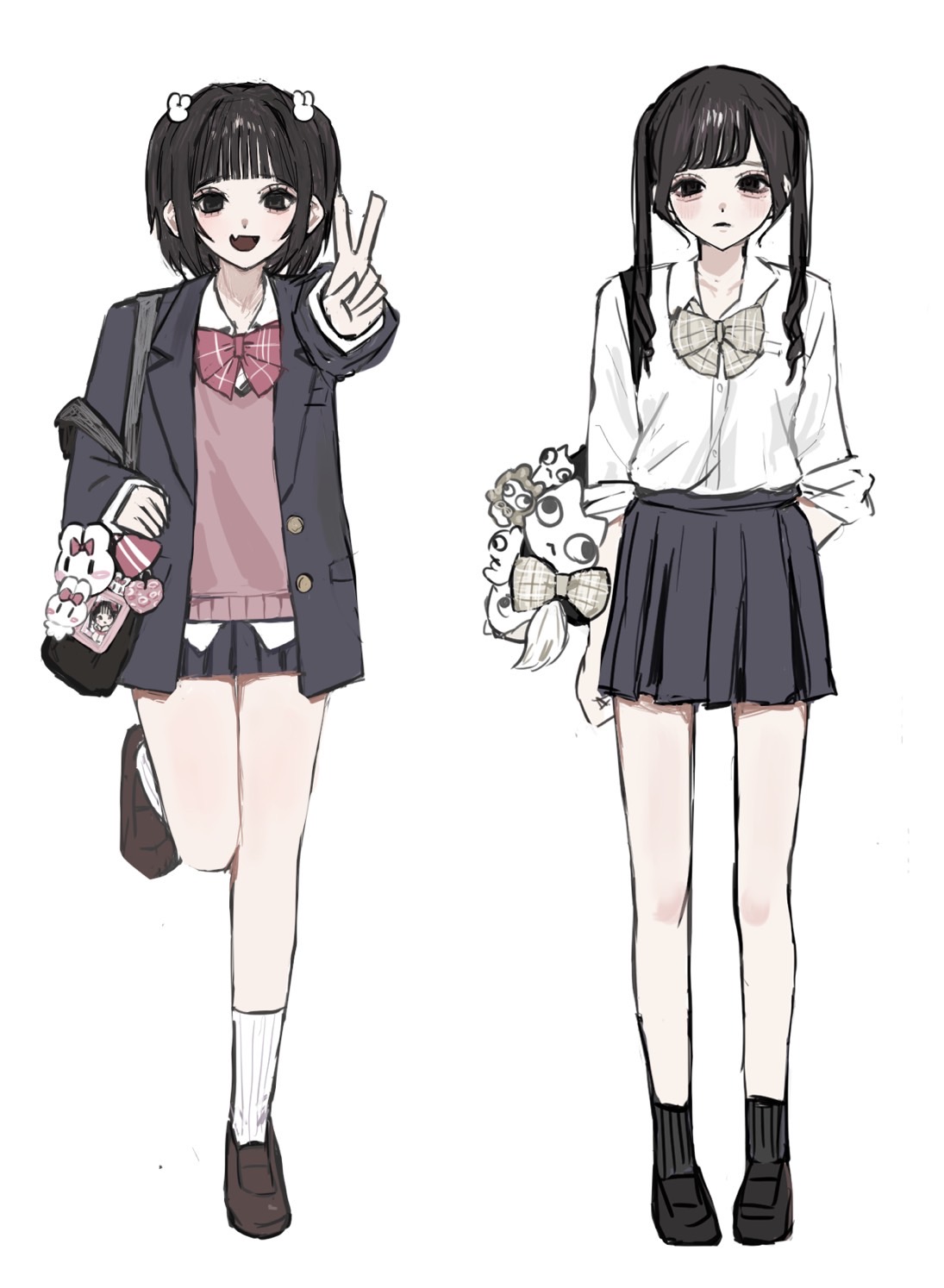 original, highres, 2girls, arm behind back, bag, black eyes, black jacket, black shoes, black skirt, black socks, blazer, blunt bangs, bow, brown bow, closed mouth, full body, hair between eyes, hair ornament, holding, holding bag, jacket, long hair, long sleeves, multiple girls, open mouth, outstretched arm, pink sweater vest, rabbit hair ornament, red bow, school uniform, shirt, shirt tucked in, shoes, short hair, shoulder bag, simple background, skirt, smile, socks, standing, standing on one leg, sweater vest, twintails, two side up, v, white background, white shirt, white socks, xl ch1cken