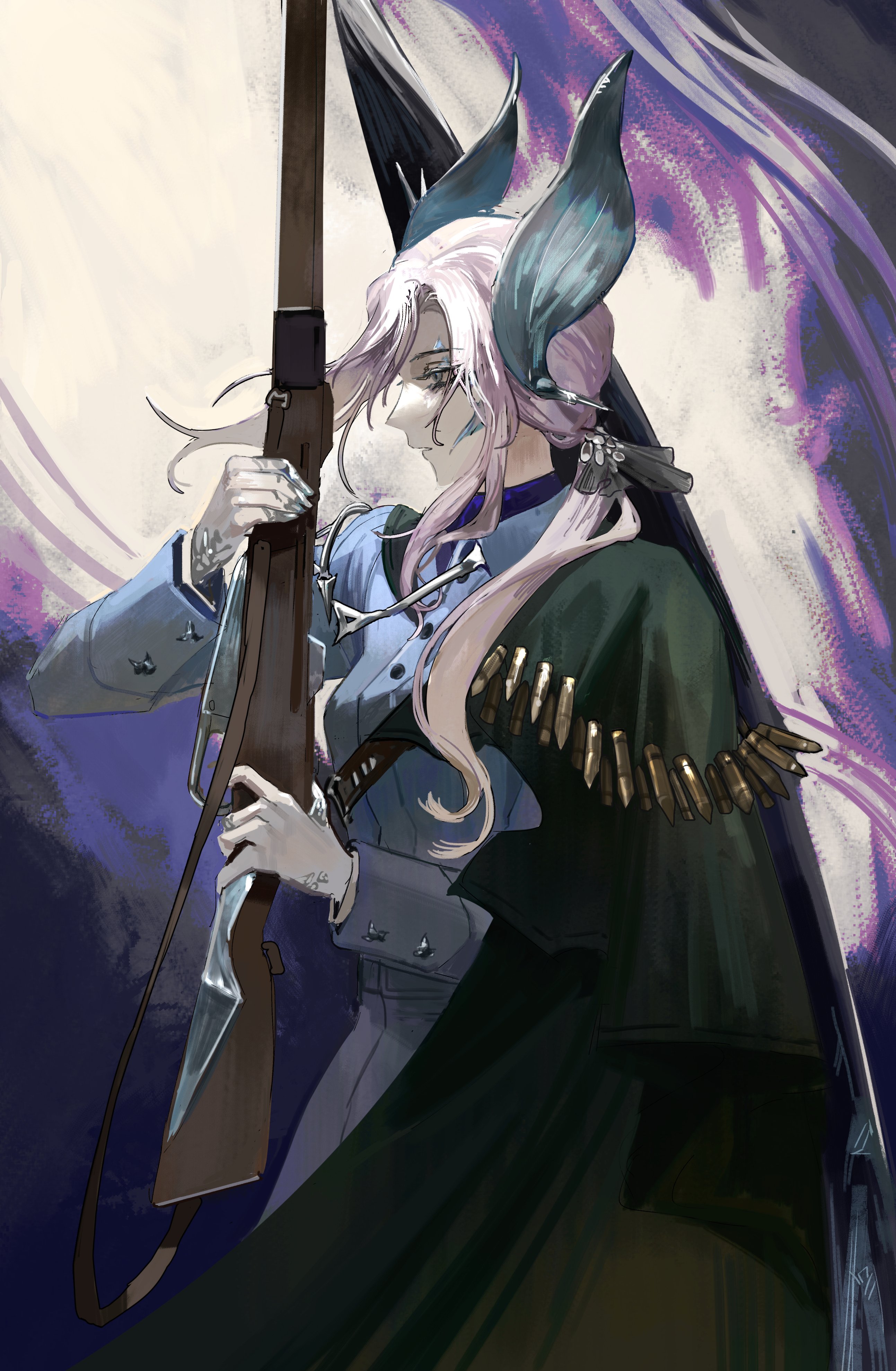 nicholas moh, reverse:1999, absurdres, highres, 1girl, black cape, blue jacket, cape, from side, grey eyes, grey hair, gun, hair ornament, hands up, holding, holding gun, holding weapon, jacket, military uniform, profile, purple background, rifle, rifle cartridge, sentinel (reverse:1999), side cape, solo, upper body, weapon