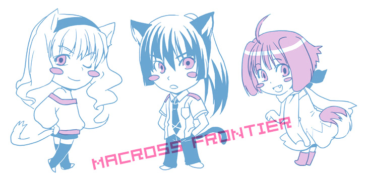 ranka lee, saotome alto, sheryl nome, macross, macross frontier, 00s, 1boy, 2girls, animal ears, blue theme, blush stickers, chibi, monochrome, multiple girls, one eye closed, purple theme, tail, thighhighs, wink