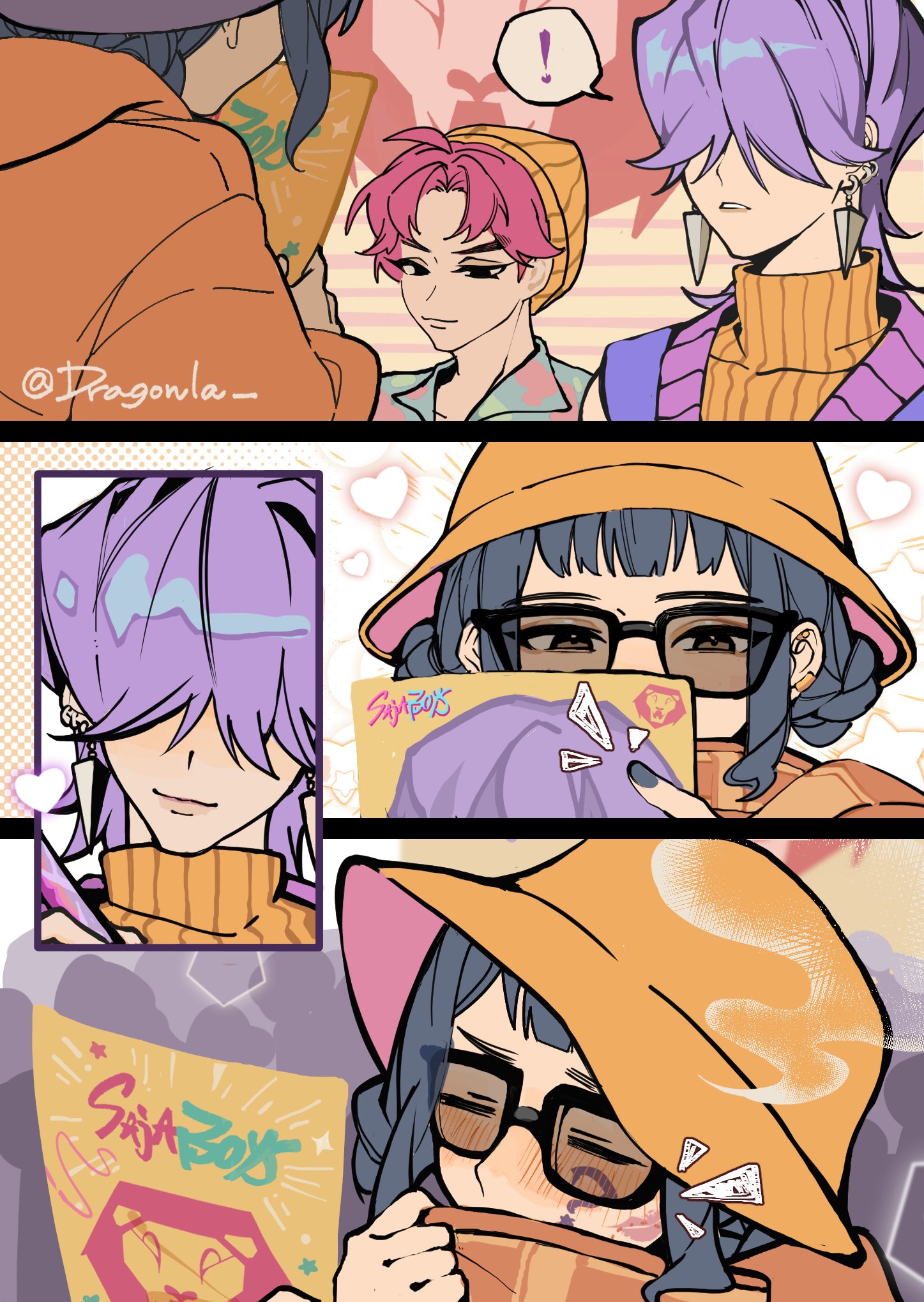 abby (kpop demon hunters), mystery (kpop demon hunters), zoey (kpop demon hunters), kpop demon hunters, highres, !, 1girl, 2boys, beanie, black hair, blush, collared shirt, double bun, dragonla, earrings, furrowed brow, hair bun, hair over eyes, hat, hetero, hood, hoodie, jewelry, light smile, lipstick mark, multiple boys, orange hat, orange hoodie, orange sweater, parted bangs, parted lips, pink hair, print shirt, purple hair, purple sweater vest, shirt, short bangs, short hair, sidelocks, sleeveless, sleeveless turtleneck, spoken exclamation mark, sunglasses, sweater, sweater vest, turtleneck, twintails, upper body