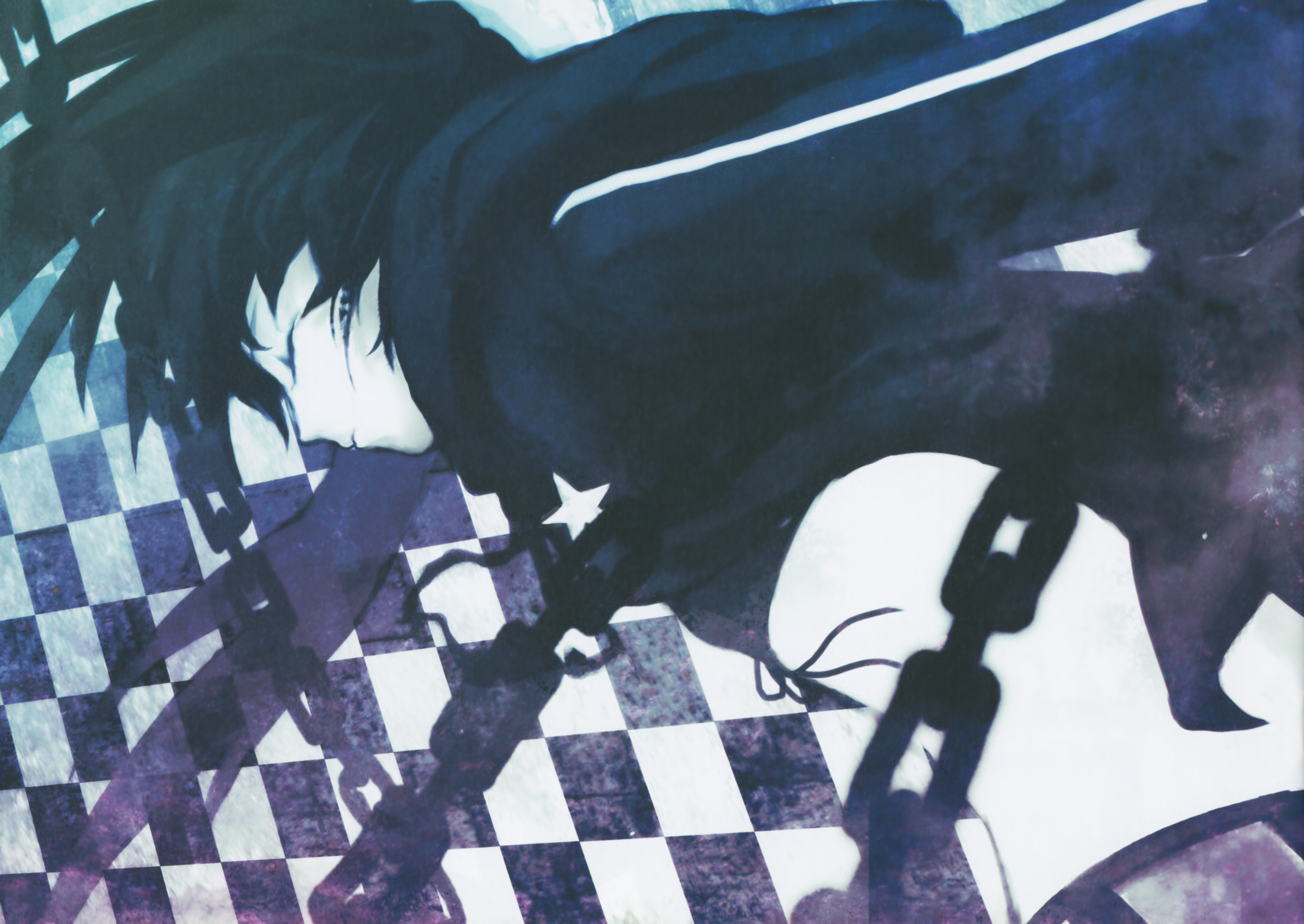 huke, black rock shooter (character), black rock shooter, absurdres, highres, huge filesize, 10s, black hair, chain, front-tie top, jacket, solo, star (symbol), twintails