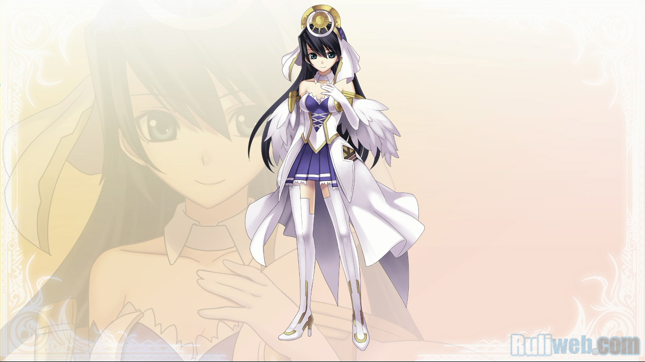 hirano katsuyuki, chroche latel pastalie, misha arsellec lune, ar tonelico, ar tonelico i, ar tonelico ii, cross edge, gust, official art, official wallpaper, 1girl, alternate costume, bare shoulders, black hair, boots, chroche latel pastalie (cosplay), collar, cosplay, detached collar, elbow gloves, female focus, gloves, green eyes, hair ornament, long hair, pleated skirt, skirt, solo, thigh boots, thighhighs, wings, zoom layer