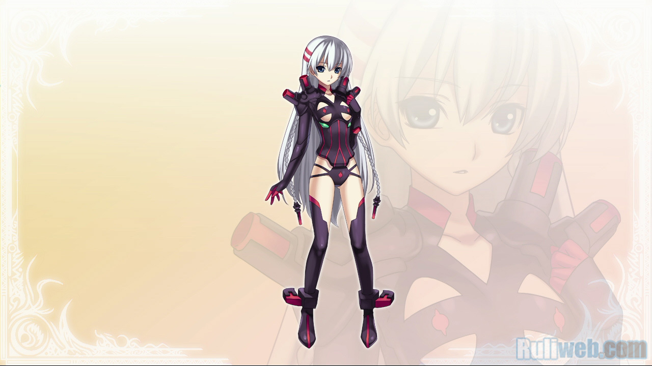 hirano katsuyuki, jakuri (ar tonelico), shurelia (ar tonelico), ar tonelico, ar tonelico i, ar tonelico ii, cross edge, gust, multicolored legwear, striped, official art, official wallpaper, 1girl, alternate costume, anklet, armor, black boots, black thighhighs, blue eyes, bodysuit, boots, border, braid, breasts, clothing cutout, cosplay, female focus, full body, gloves, groin, hair between eyes, hair ornament, highleg, highleg leotard, jakuri (ar tonelico) (cosplay), jewelry, leotard, long hair, multicolored hair, orange background, outline, parted lips, pauldrons, pinstripe pattern, shoulder armor, side braid, small breasts, solo, standing, streaked hair, thigh boots, thighhighs, twin braids, two-tone hair, underboob, underboob cutout, very long hair, watermark, web address, white hair, zoom layer
