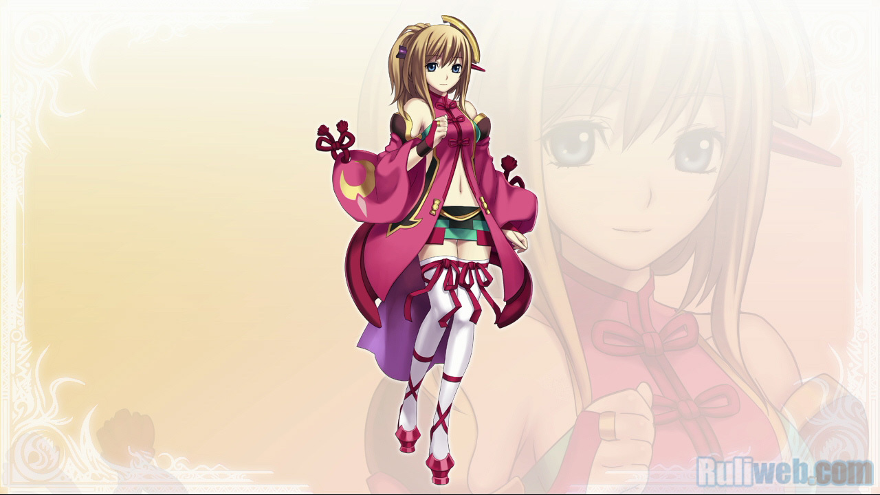 hirano katsuyuki, aurica nestmile, luca truelywaath, ar tonelico, ar tonelico i, ar tonelico ii, cross edge, gust, official art, official wallpaper, 1girl, alternate costume, bare shoulders, blue eyes, bow, bridal gauntlets, brown hair, cosplay, detached sleeves, female focus, footwear ribbon, hair ornament, luca truelywaath (cosplay), midriff, solo, thighhighs, zettai ryouiki, zoom layer