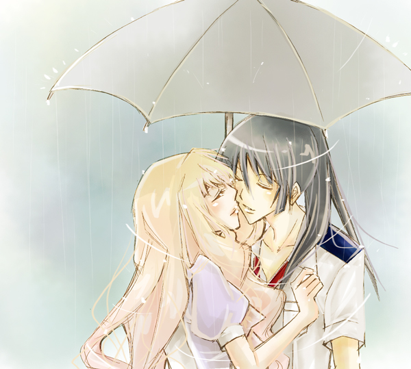 gigi, saotome alto, sheryl nome, macross, macross frontier, bad id, bad pixiv id, 00s, 1boy, 1girl, closed eyes, couple, hetero, kiss, rain, shared umbrella, umbrella