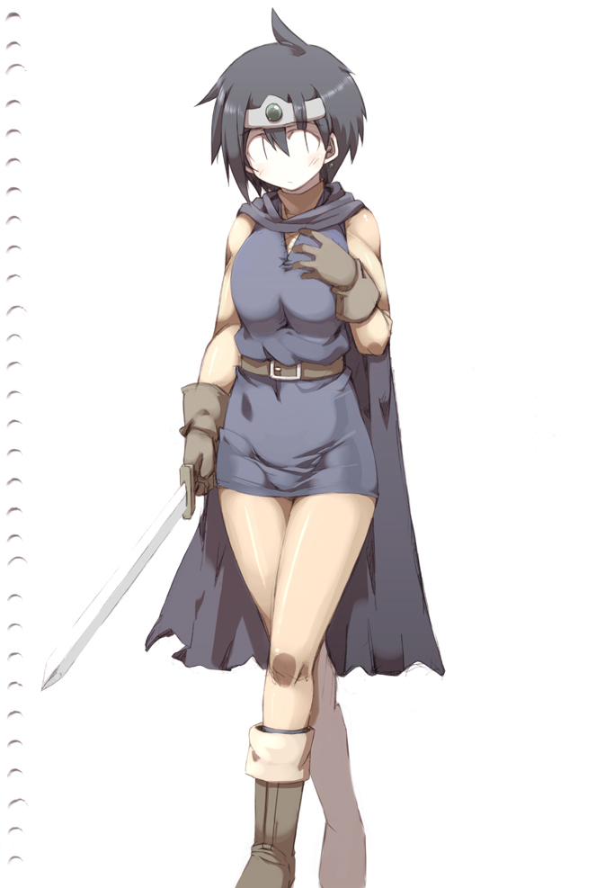 tokyo (great akuta), roto (dq3), chunsoft, dragon quest, dragon quest iii, enix, 1girl, belt, black hair, boots, breasts, cape, circlet, dress, female focus, gloves, headband, medium breasts, muscular, short dress, short hair, skirt, solo, standing, sword, weapon, | |
