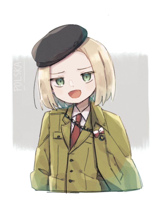 poland (hetalia), axis powers hetalia, 1boy, beret, black hat, blonde hair, border, bow, breast pocket, buttons, cape, chain, collared shirt, green cape, green eyes, green jacket, grey background, hat, jacket, lapels, long sleeves, looking at viewer, male focus, ne0 kizuna sub7, necktie, open mouth, outside border, pocket, red bow, red necktie, shirt, short hair, simple background, smile, solo, upper body, white border, white bow, white shirt