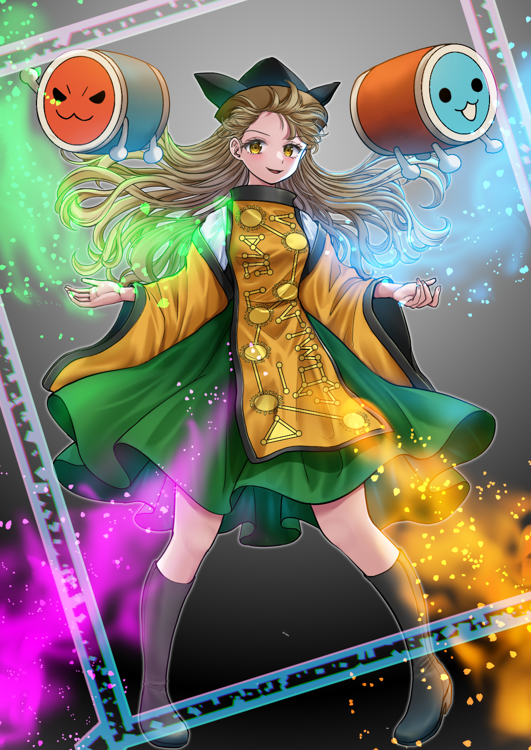 kyabekko, matara okina, wada don, wada katsu, taiko no tatsujin, touhou, commentary request, highres, 1girl, black boots, blonde hair, boots, detached sleeves, drum, floating hair, full body, green skirt, hat, instrument, long hair, looking at viewer, parted lips, shirt, skirt, smile, tabard, taiko drum, white shirt, yellow eyes, yellow tabard