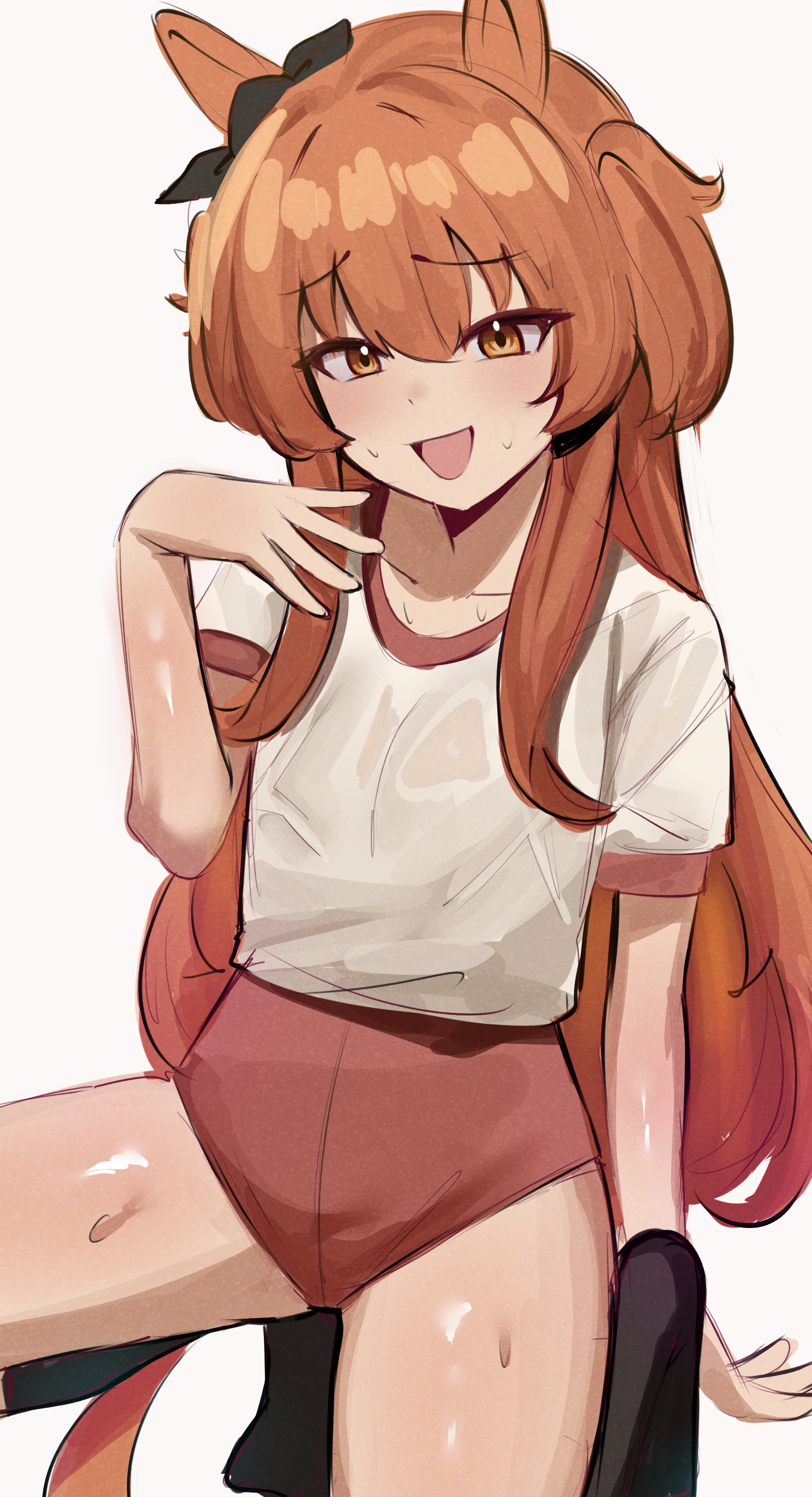 iog626, mayano top gun (umamusume), umamusume, absurdres, highres, 1girl, animal ears, buruma, hair between eyes, horse ears, horse girl, horse tail, long hair, looking at viewer, open mouth, orange eyes, orange hair, original race uniform (umamusume), red buruma, shirt, short sleeves, simple background, smile, solo, sweat, tail, thighs, two side up, wet, wet clothes, wet shirt, white background, white shirt