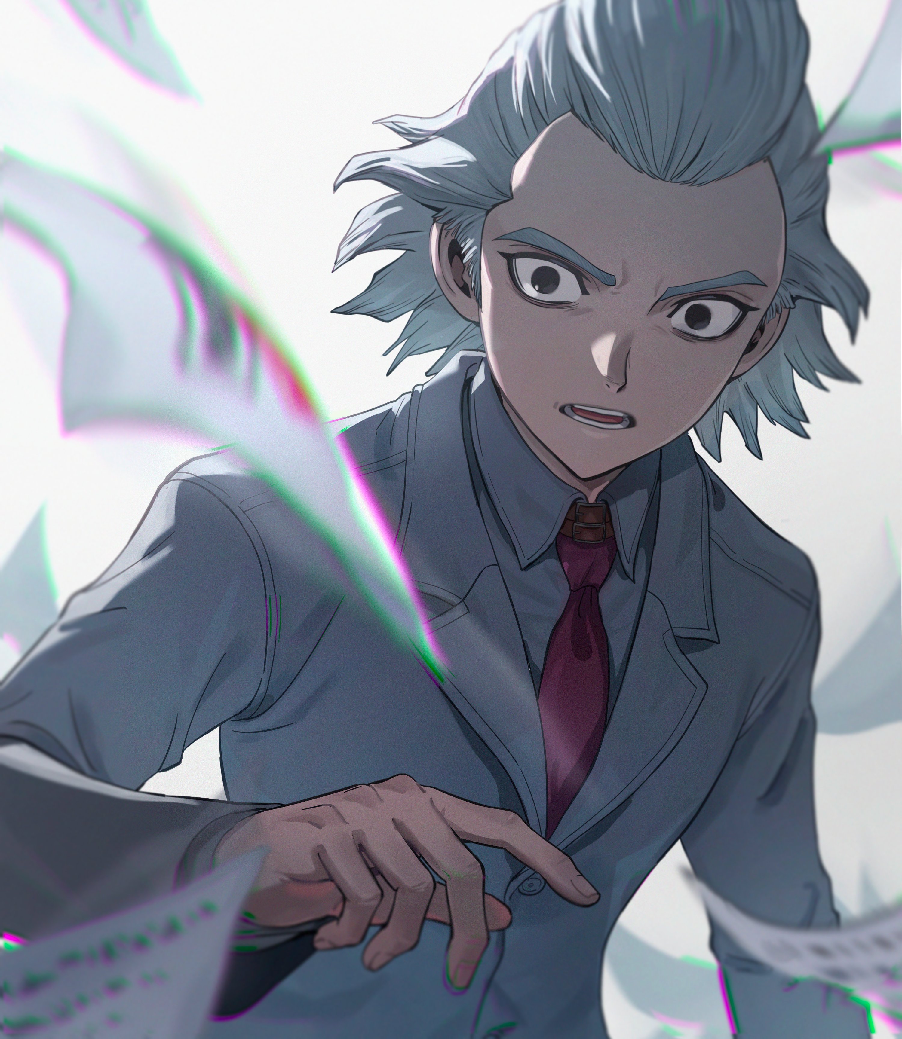 bui (buupopopopopo), dr. stone, absurdres, highres, 1boy, bags under eyes, black eyes, chromatic aberration, collared shirt, formal clothes, grey hair, grey jacket, grey shirt, hair slicked back, hand up, jacket, long sleeves, looking at viewer, male focus, necktie, open mouth, paper, red necktie, school uniform, shirt, short hair, solo, suit, teeth, u.a. school uniform, upper body, white background, xeno (dr.stone)