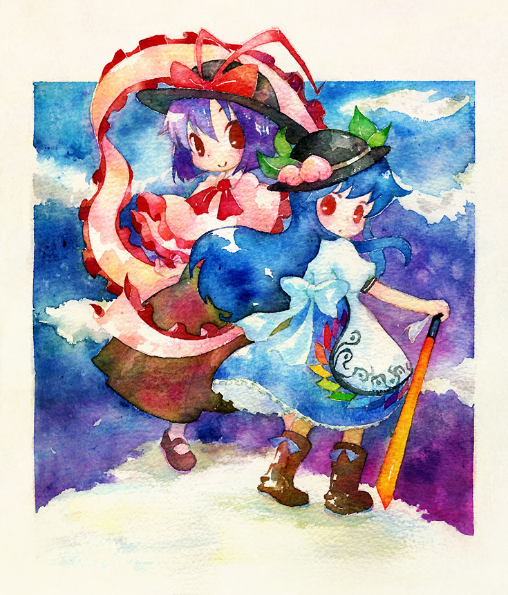 deko, hinanawi tenshi, nagae iku, touhou, bad id, bad pixiv id, painting (medium), traditional media, watercolor (medium), 2girls, blue hair, female focus, food, fruit, hat, multiple girls, peach, purple hair, red eyes, short hair, standing, sword, sword of hisou, weapon
