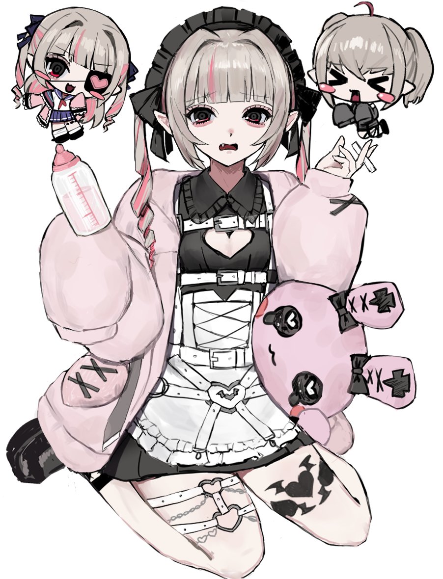 makaino ririmu, makaino ririmu (5th costume), nijisanji, 1girl, aegyo sal, baby bottle, belt, black eyes, black headdress, black shirt, bottle, brown hair, chibi, chibi inset, cigarette, cleavage cutout, clothing cutout, fang, frilled headwear, frilled shirt collar, frills, full body, hair intakes, holding, holding cigarette, jacket, jirai kei, leg tattoo, long sleeves, multicolored hair, multiple views, open mouth, pink jacket, pointy ears, shirt, simple background, single sleeve past fingers, single sleeve past wrist, sitting, skirt, streaked hair, stuffed animal, stuffed rabbit, stuffed toy, tattoo, thigh belt, thigh strap, tongue, twintails, virtual youtuber, wariza, white background, white skirt, xl ch1cken