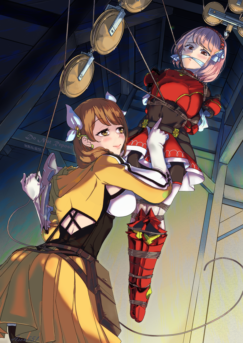 goichi (asou551), goldmary (fire emblem), lapis (fire emblem), fire emblem, fire emblem engage, nintendo, 2girls, armor, arms behind back, bdsm, black pantyhose, bodystocking, bondage, boots, bound, bound ankles, bound arms, bound legs, bound thighs, bound torso, bound wrists, braid, breastplate, breasts, brown hair, cleavage, cleave gag, cloth gag, corset, covered navel, femdom, from below, gag, gagged, gloves, greaves, grey hairband, hair ribbon, hairband, improvised gag, large breasts, layered skirt, long hair, miniskirt, multiple girls, navel fingering, pantyhose, pauldrons, pink eyes, pink hair, red armor, red boots, red hairband, red skirt, restrained, ribbon, rope, shibari, shibari over clothes, short hair, shoulder armor, side braid, skirt, smile, suspension, thighhighs, thighhighs over pantyhose, two-tone hairband, white gloves, white ribbon, white skirt, white thighhighs, yellow eyes, yellow skirt, yuri
