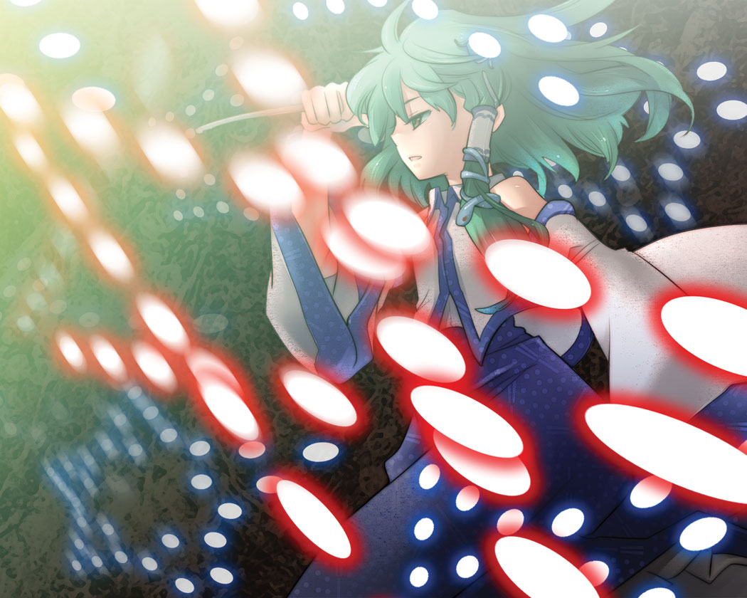 inuinui, kochiya sanae, touhou, 1girl, danmaku, detached sleeves, female focus, green hair, japanese clothes, motion blur, profile, short hair, snake, solo, yellow eyes