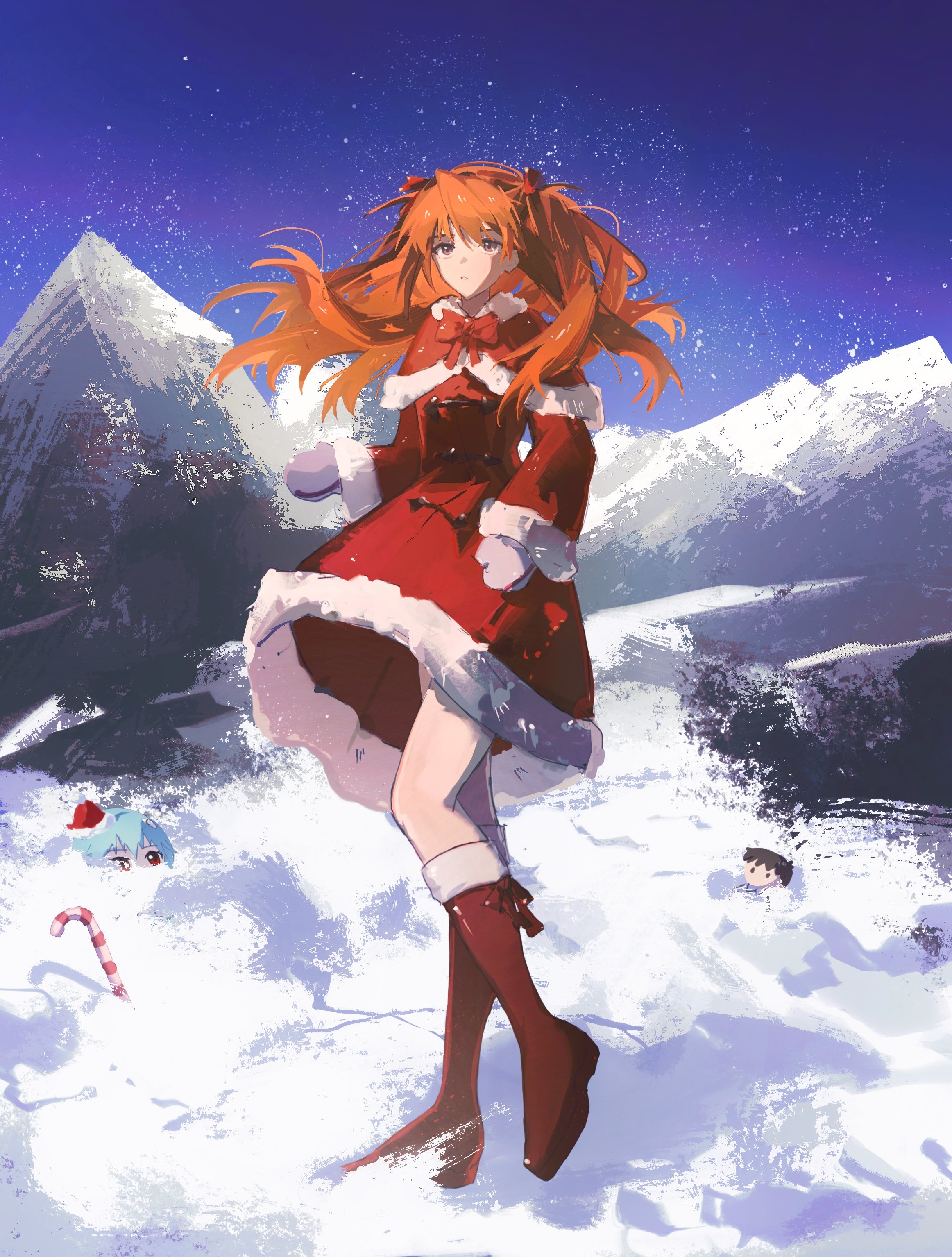 eliza 804, souryuu asuka langley, neon genesis evangelion, absurdres, highres, christmas, clothes lift, gloves, hair ornament, long hair, mountain, orange hair, ribbon, shoes, snow