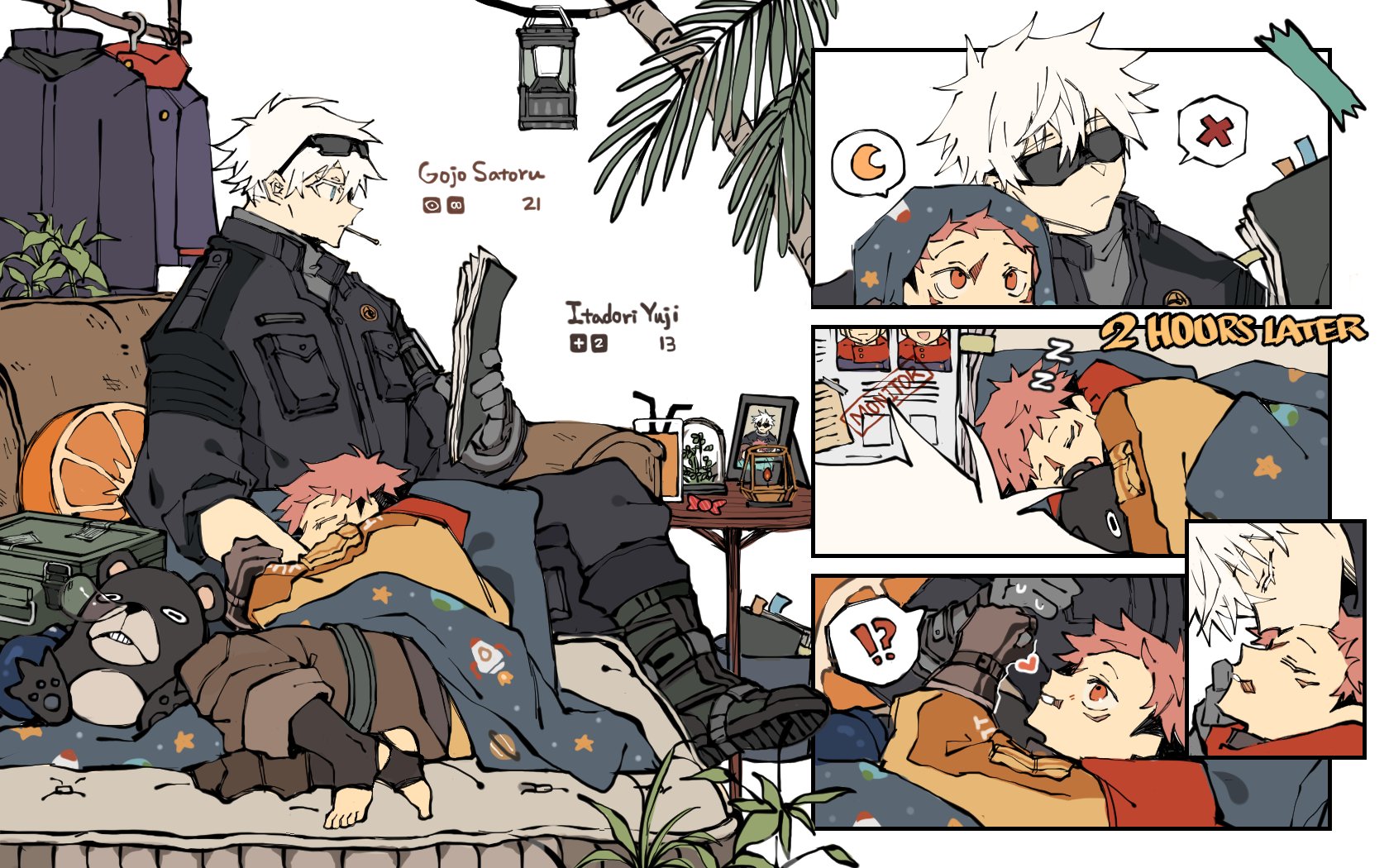 gojou satoru, itadori yuuji, jujutsu kaisen, toeless socks, highres, !?, 2boys, alternate universe, black boots, black jacket, black pants, boots, brown pantyhose, brown sweater, character name, closed eyes, clothes hanger, couch, dragonla, facial mark, hair between eyes, jacket, kiss, kissing forehead, lantern, male focus, multiple boys, multiple views, pants, pantyhose, picture frame, pillow, pink eyes, pink hair, reading, short hair, sleeping, sleeves rolled up, spoken x, stuffed animal, stuffed toy, sunglasses, sweater, teddy bear, white hair, zzz