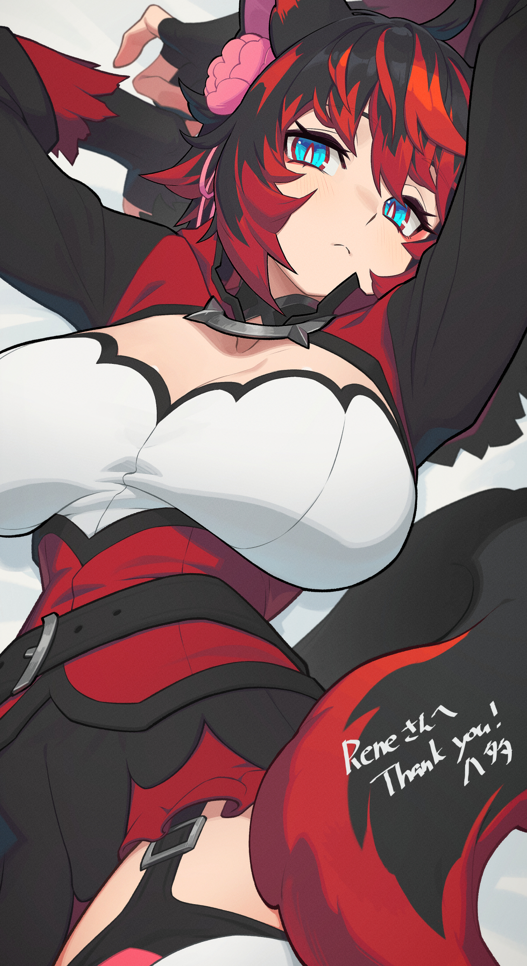 hata4564, original, commission, highres, skeb commission, 1girl, animal ears, arms behind head, belt, black belt, black gloves, black hair, blue eyes, breasts, breasts apart, fingerless gloves, flower, framed breasts, garter straps, gloves, hair flower, hair ornament, large breasts, looking at viewer, multicolored eyes, multicolored hair, pink flower, red eyes, red hair, red shirt, shirt, short hair, solo, tail, white shirt