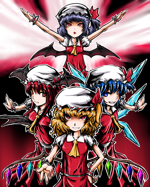 utauinu, cirno, flandre scarlet, koakuma, remilia scarlet, embodiment of scarlet devil, touhou, bad id, bad pixiv id, 4girls, bat wings, blonde hair, blue eyes, blue hair, cosplay, female focus, flandre scarlet (cosplay), gradient background, hat, head wings, long hair, multiple girls, outstretched arms, ponytail, purple hair, red eyes, red hair, short hair, skirt, spread arms, wings, wrist cuffs