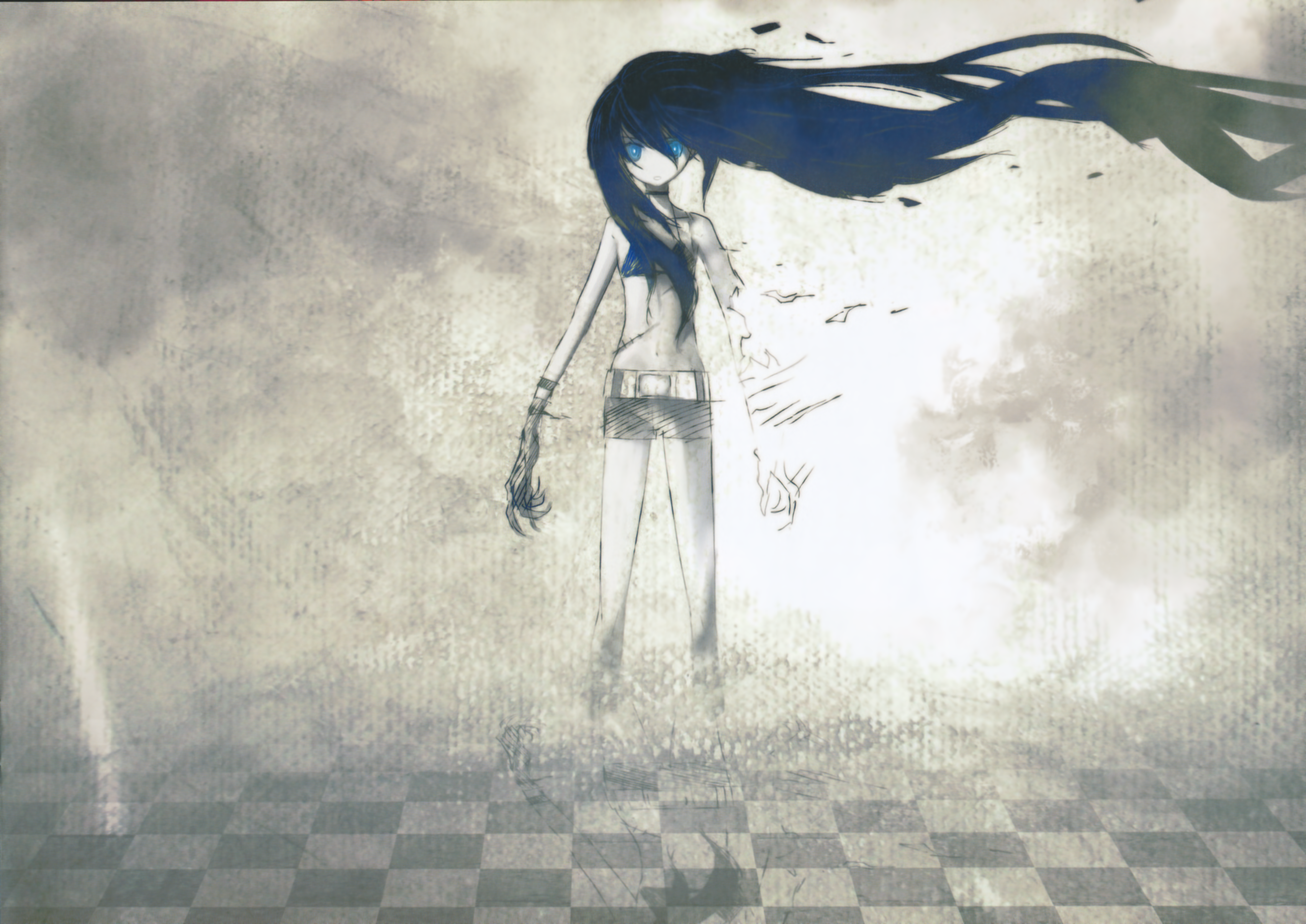 huke, black rock shooter (character), black rock shooter, absurdres, highres, huge filesize, 10s, 1girl, black hair, blue eyes, burn mark, death, female focus, injury, long hair, scar, solo, surreal