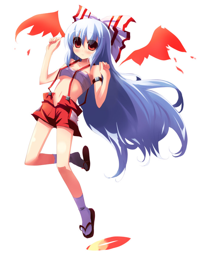 shin (new), fujiwara no mokou, touhou, silver hair, 1girl, breasts, female focus, full body, long hair, navel, red eyes, sandals, sarashi, shorts, simple background, solo, white background, zouri