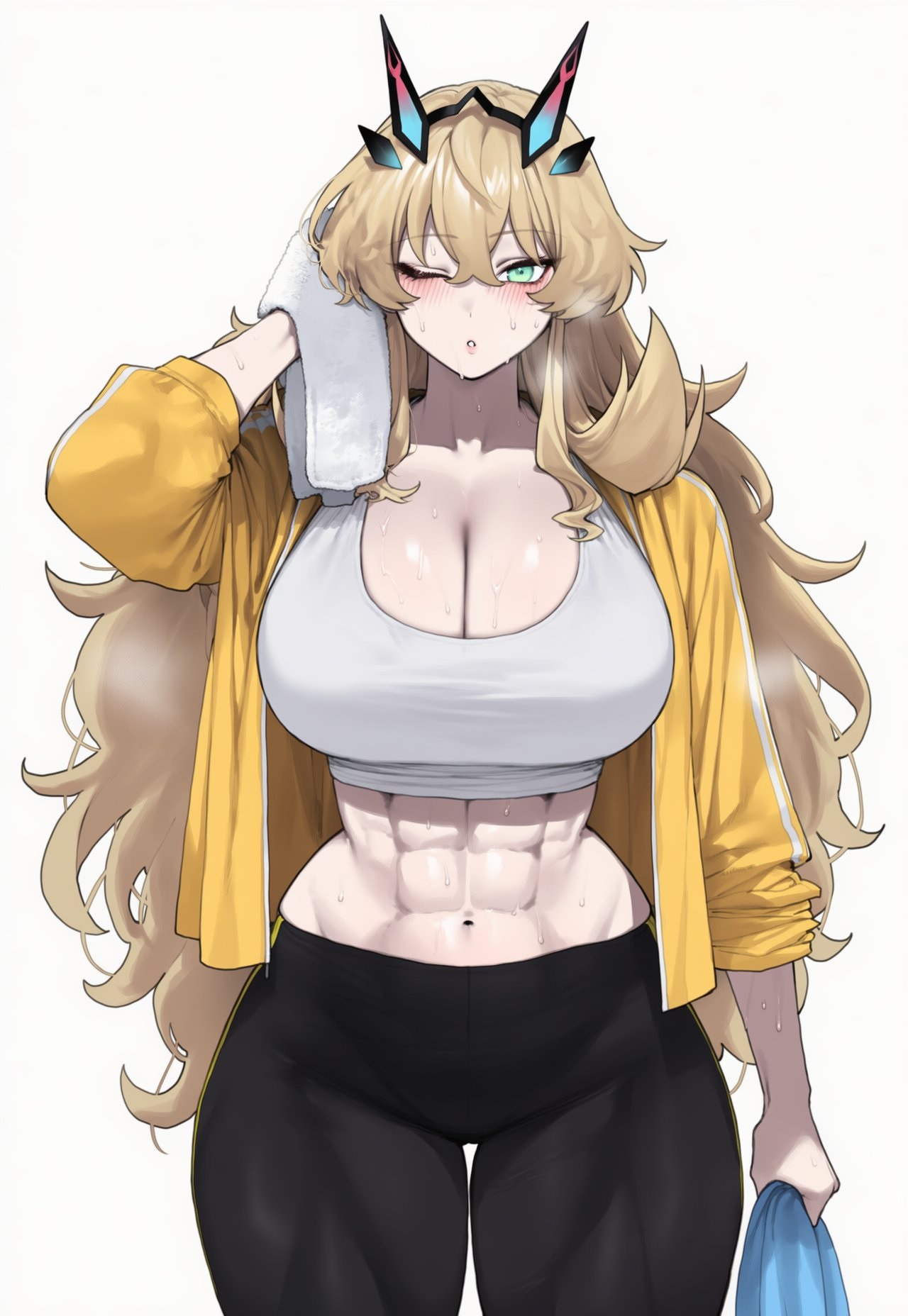 barghest (fate), fate/grand order, fate (series), 1girl, abs, black pants, black sports bra, blonde hair, blue eyes, breasts, heterochromia, horns, large breasts, long hair, long sleeves, muscular, muscular female, one closed eye, open clothes, open shirt, pants, red eyes, simple background, sports bra, sportswear, stomach, sweat, sweatdrop, thick thighs, thighs, tight clothes, tight pants, towel, white background, wide hips, yoga pants