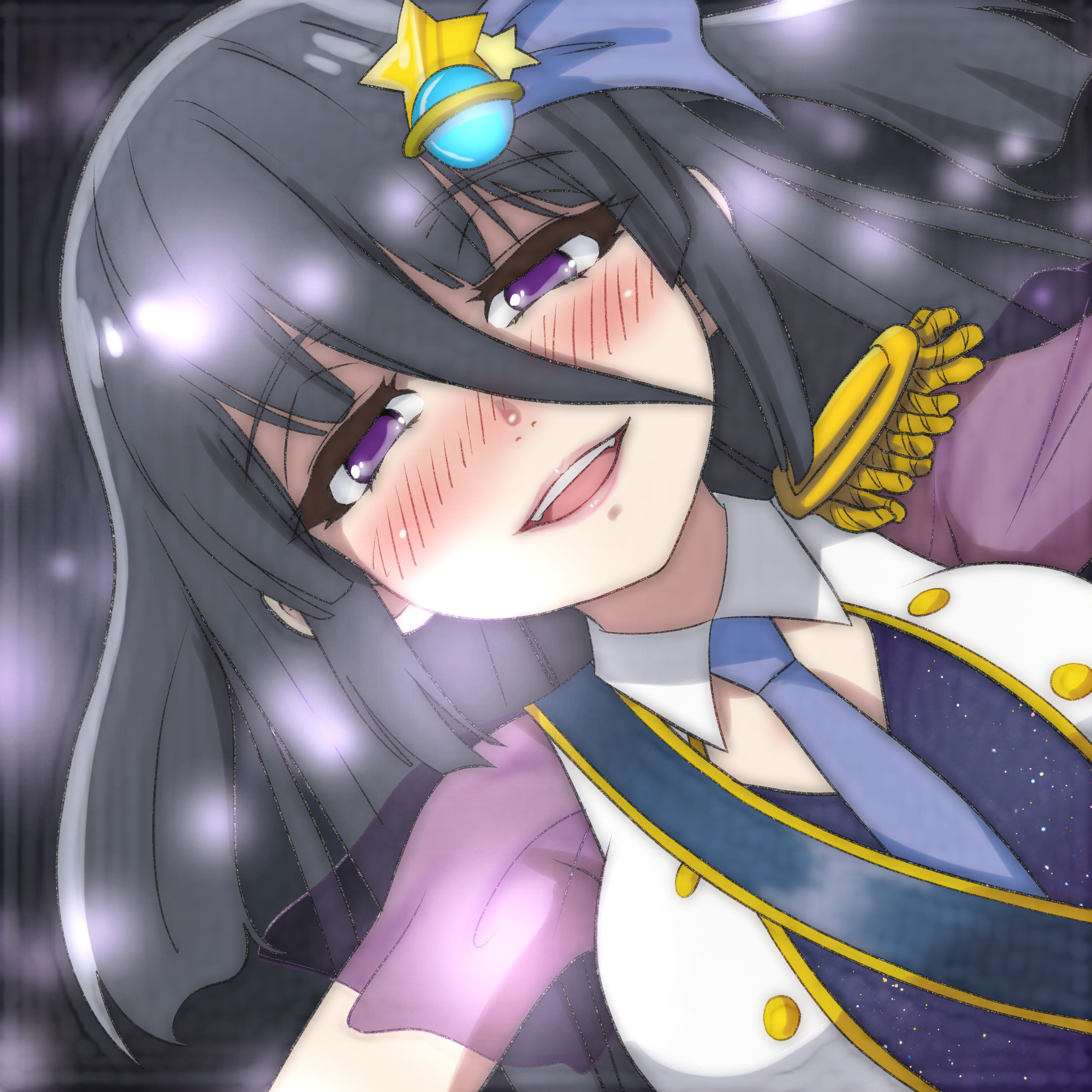 t jiroo (ringofriend), yamada tae, zombie land saga, 1girl, black background, black hair, black shirt, blue necktie, blue ribbon, blush, breasts, detached collar, epaulettes, hair ornament, hair ribbon, long hair, looking at viewer, medium breasts, necktie, open clothes, open mouth, open vest, planet hair ornament, purple eyes, ribbon, sash, shirt, short sleeves, smile, standing, star (symbol), star hair ornament, teeth, upper body, vest, white vest