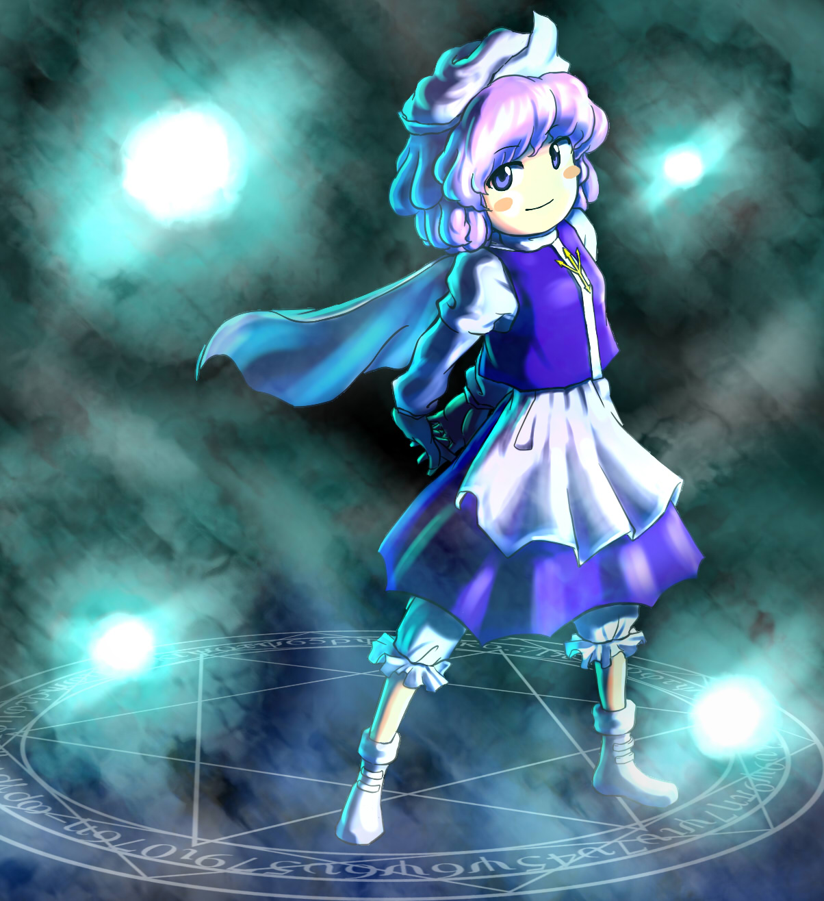 hokuyoo, letty whiterock, touhou, highres, 1girl, female focus, greek text, magic circle, no nose, official style, parody, solo, style parody, zun (style)