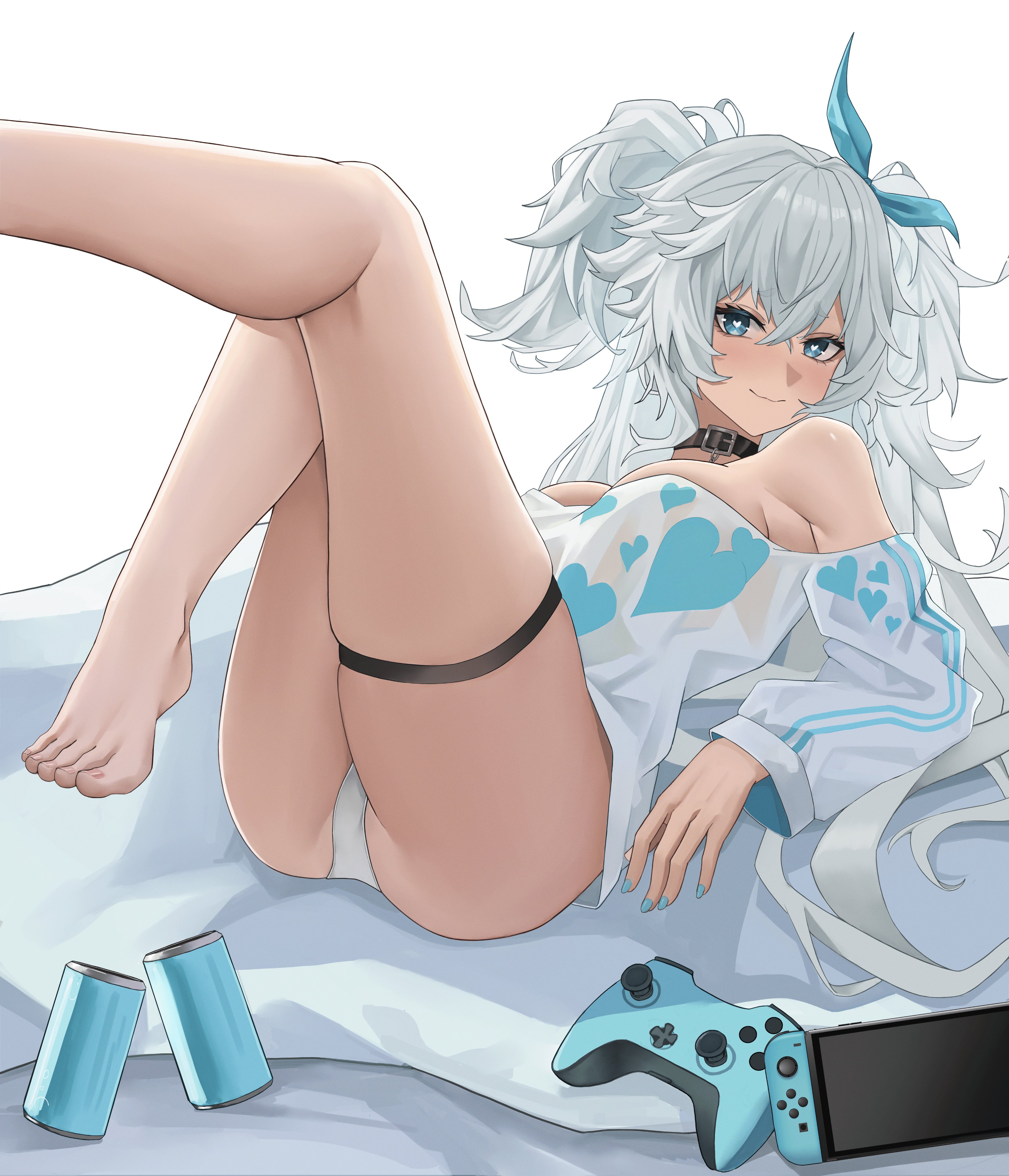 cozie178, florence (girls' frontline 2), florence (neural cloud), pa-15 (girls' frontline), pa-15 (marvelous yam pastry) (girls' frontline), girls' frontline, girls' frontline 2: exilium, girls' frontline neural cloud, absurdres, highres, 1girl, alternate costume, aqua eyes, ass, bare shoulders, barefoot, bed, blush, breasts, cameltoe, collar, come hither, controller, game controller, hair ribbon, legs, legs up, long hair, naughty face, nintendo switch, panties, ribbon, smile, solo, two side up, underwear, very long hair, white hair