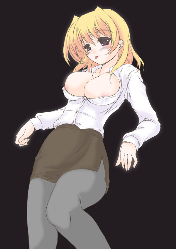 frapowa, shamal, lyrical nanoha, mahou shoujo lyrical nanoha, mahou shoujo lyrical nanoha strikers, 00s, 1girl, :p, blonde hair, breasts, female focus, large breasts, nipples, open clothes, open shirt, pantyhose, shirt, solo, tongue, tongue out