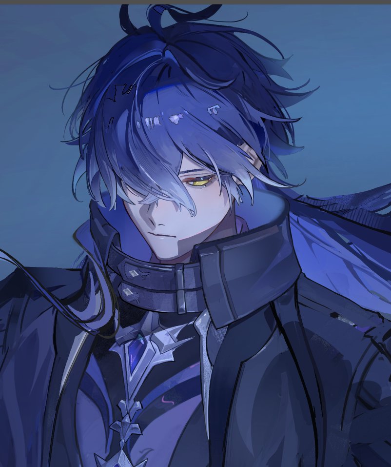 aji 11300913, flins (genshin impact), genshin impact, commentary request, antenna hair, black coat, blue background, blue gemstone, blue hair, closed mouth, coat, collared coat, crossed bangs, gem, hair over one eye, long hair, looking down, one eye covered, simple background, upper body, yellow eyes