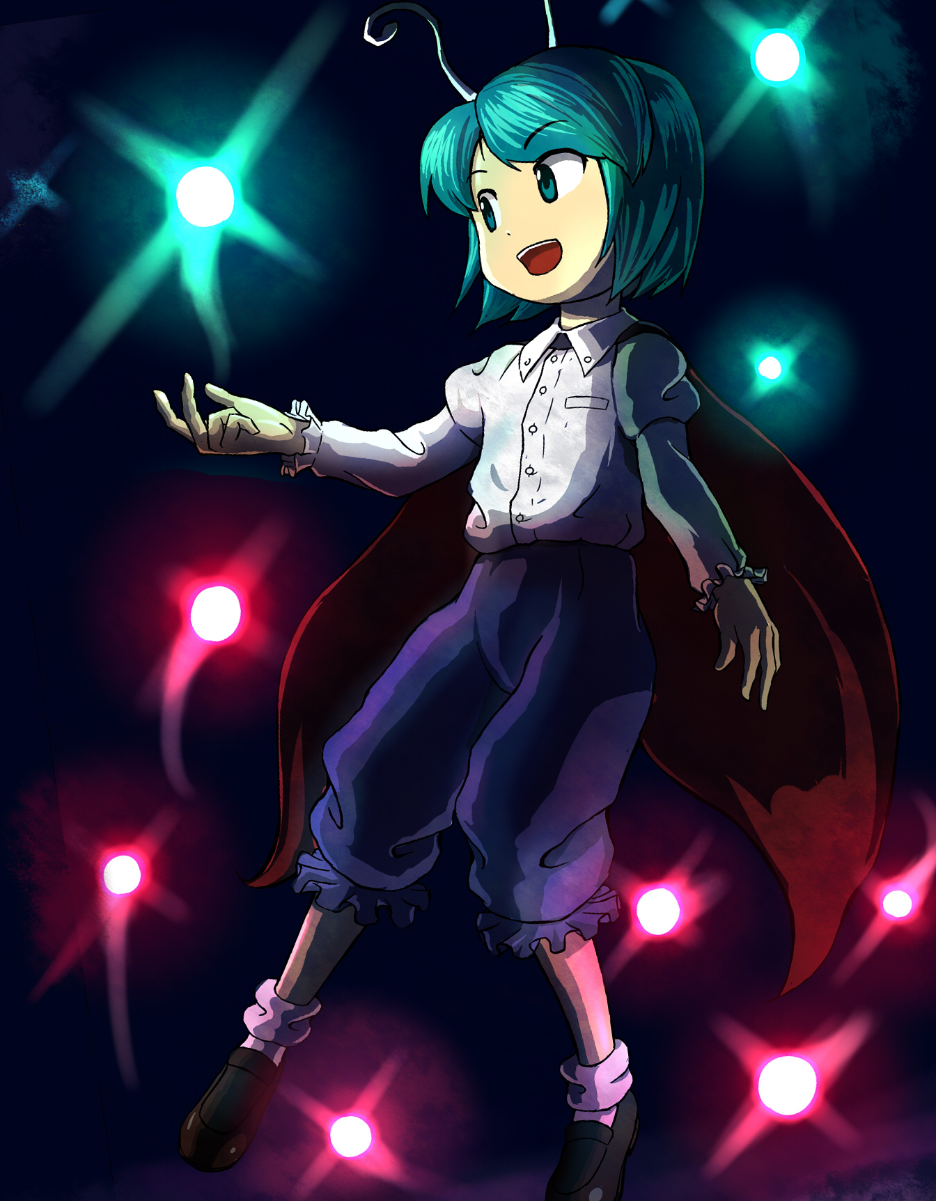 hokuyoo, wriggle nightbug, touhou, bad id, bad pixiv id, highres, 1girl, antennae, cape, female focus, green eyes, green hair, matching hair/eyes, official style, short hair, solo, zun (style)